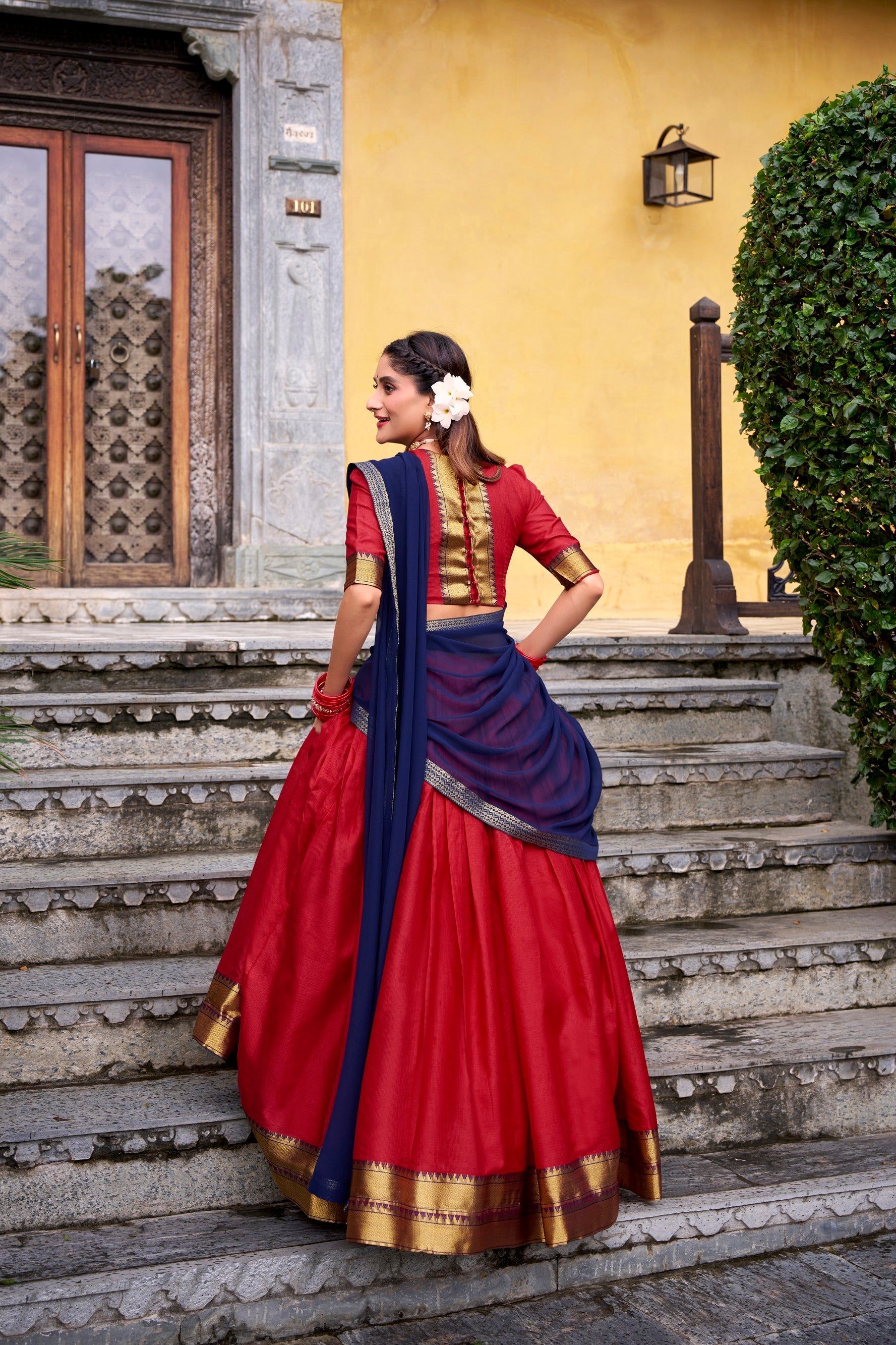 Lorenvalley Fashion Red Poly Cotton Zari Weaving Work Lehenga Choli with Dupatta