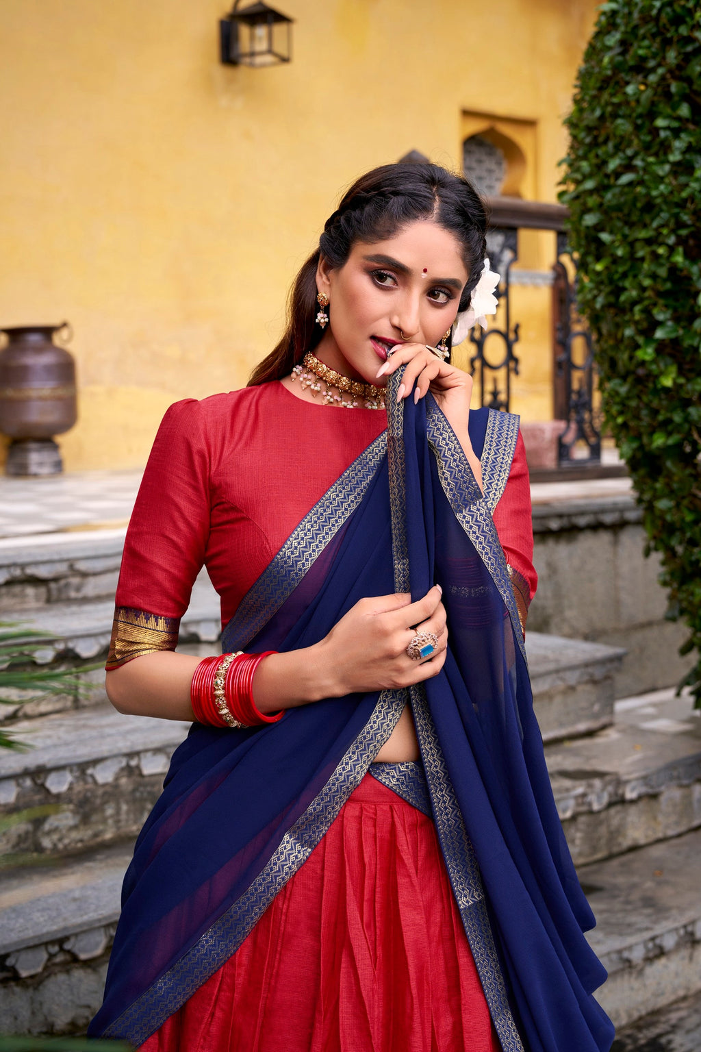 Lorenvalley Fashion Red Poly Cotton Zari Weaving Work Lehenga Choli with Dupatta