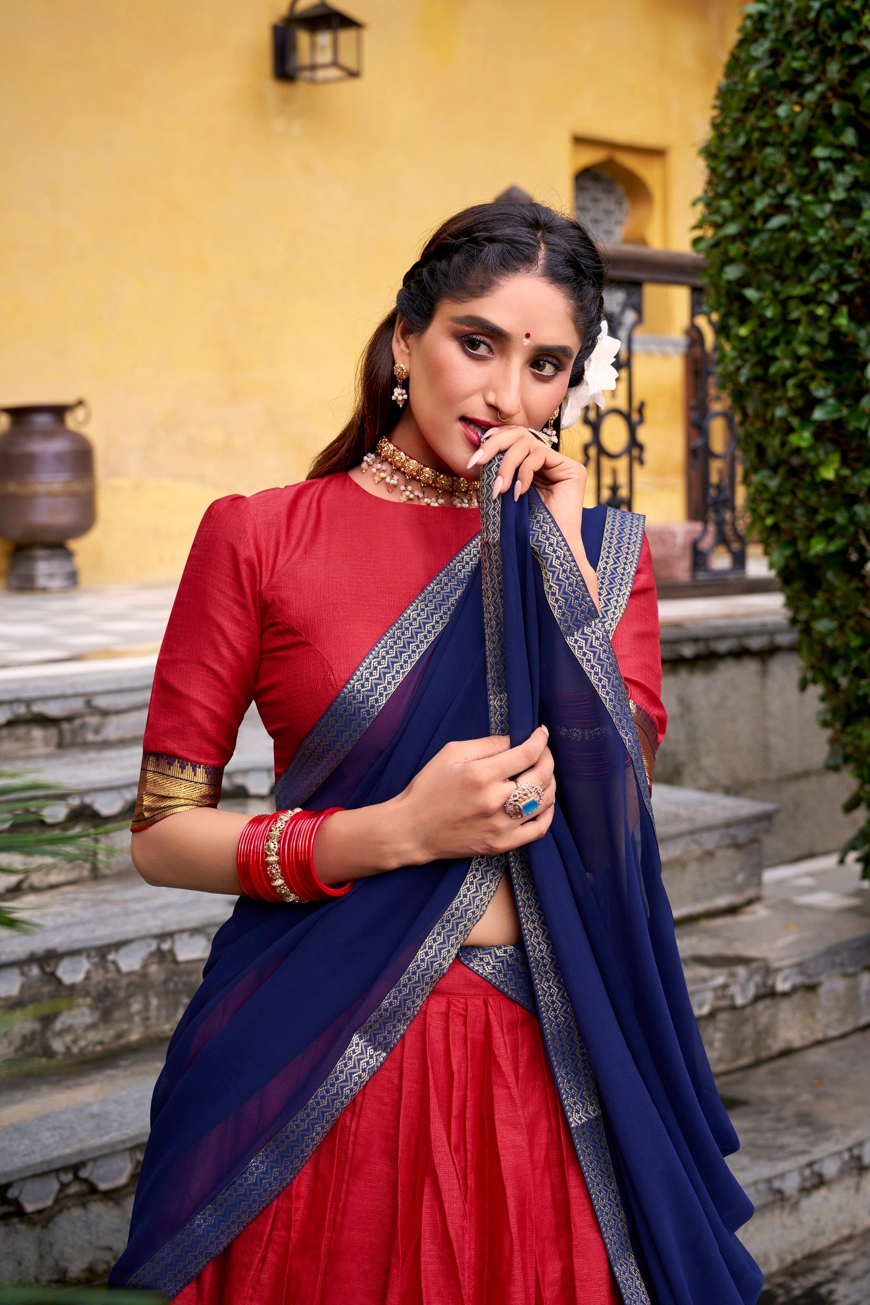 Lorenvalley Fashion Red Poly Cotton Zari Weaving Work Lehenga Choli with Dupatta