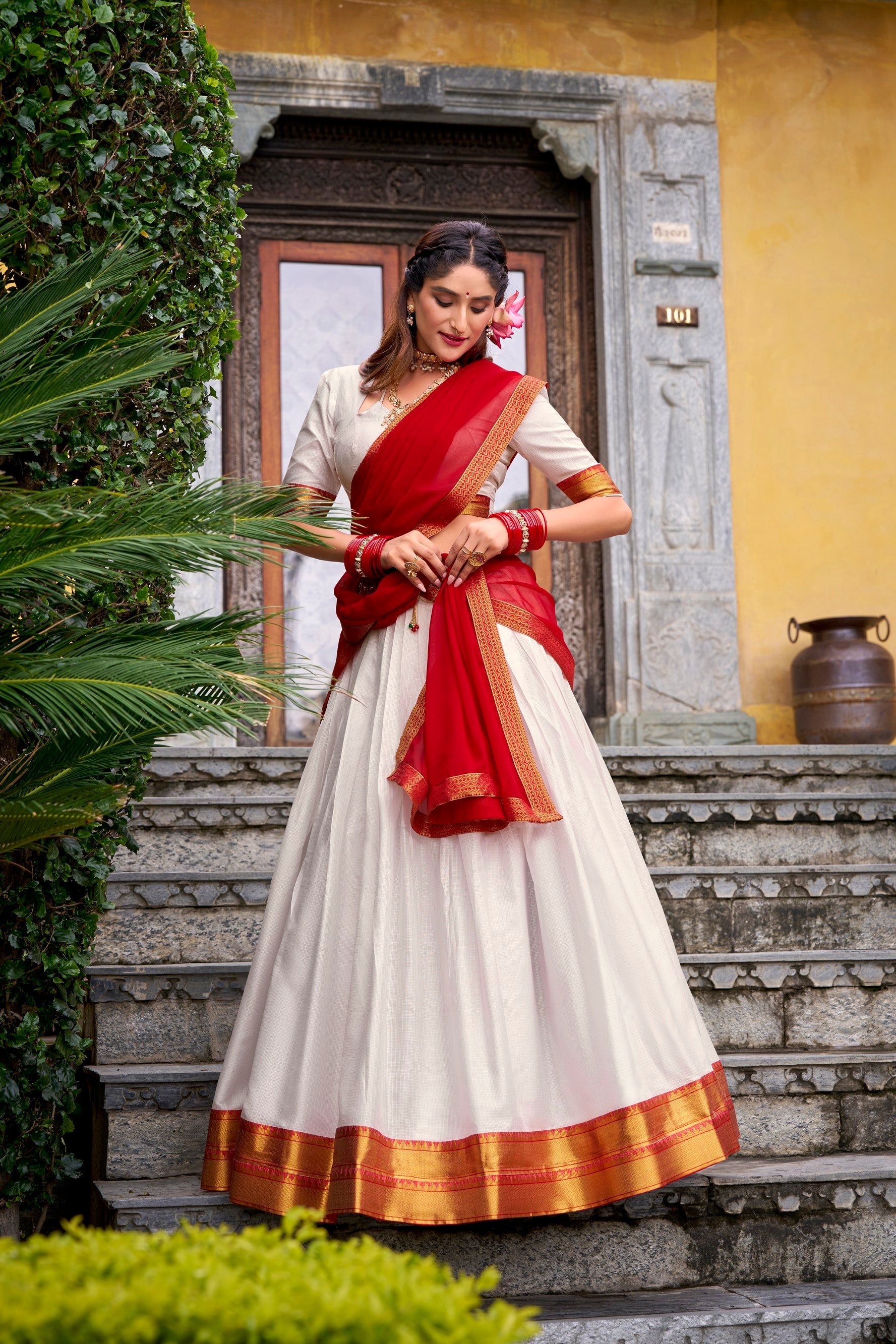 Lorenvalley Fashion White Poly Cotton Zari Weaving Work Lehenga Choli with Dupatta