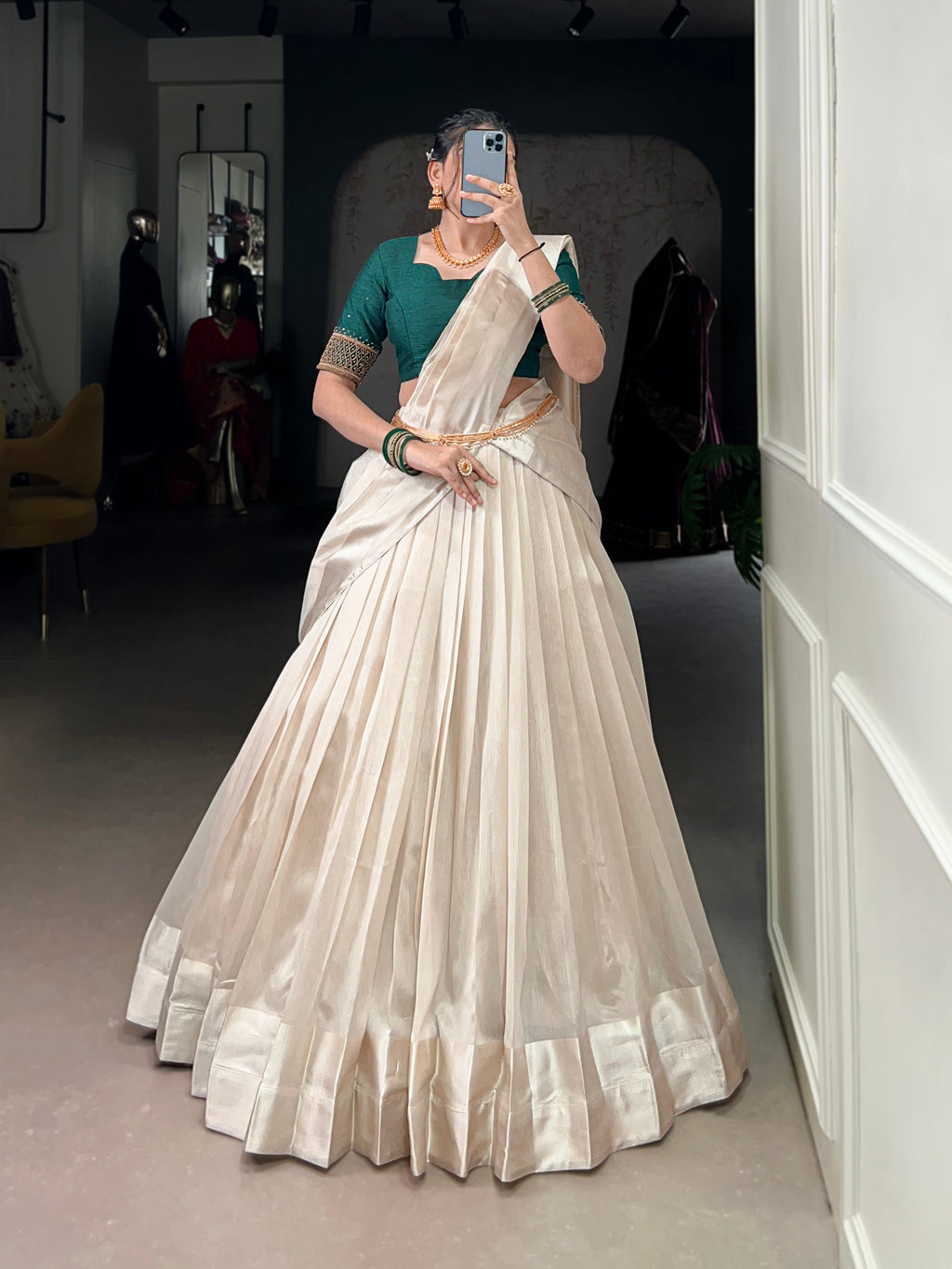 Lorenvalley Fashion White Poly Tasar Viscose Border Lehenga Choli with Dupatta