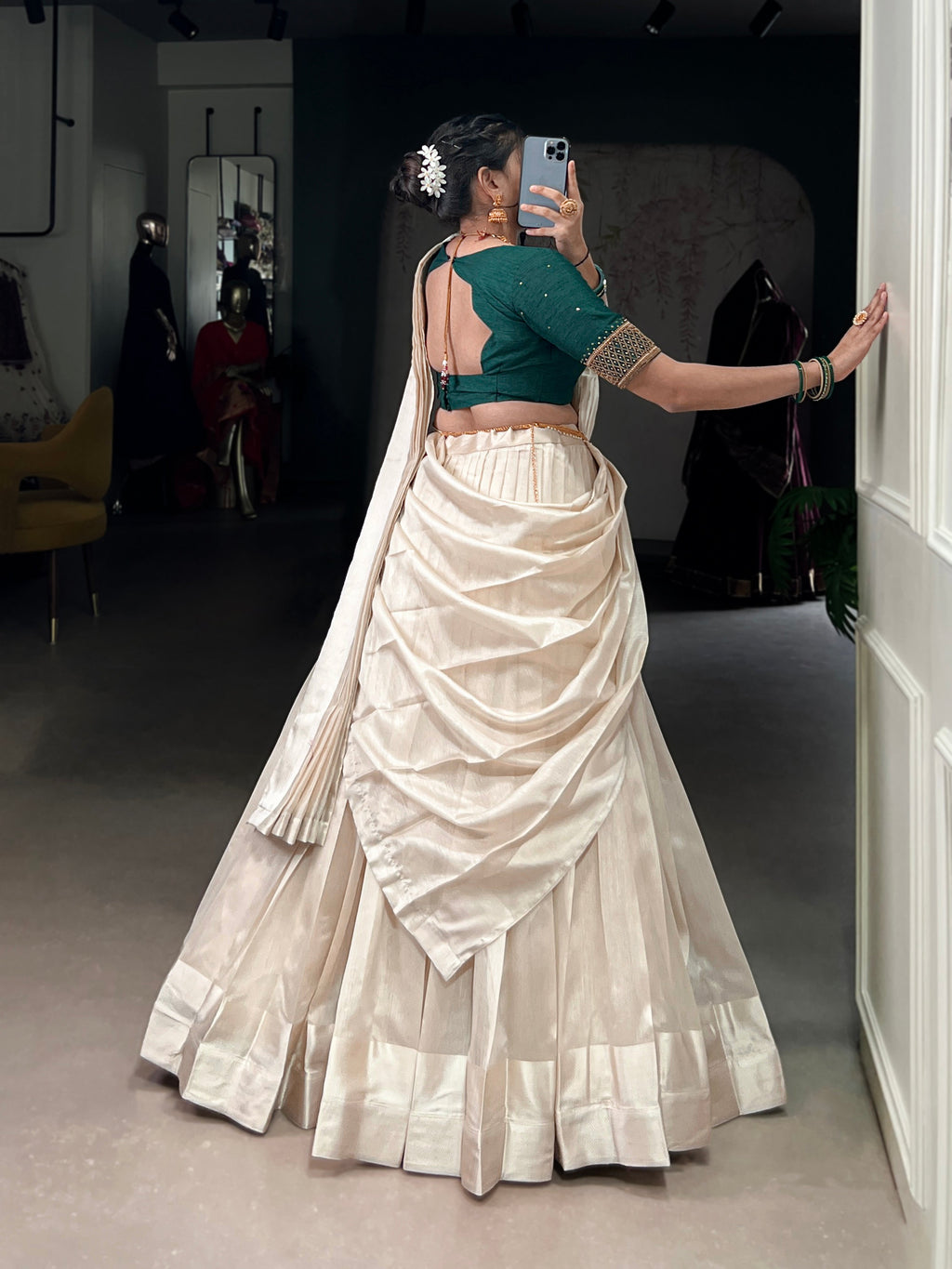 Lorenvalley Fashion White Poly Tasar Viscose Border Lehenga Choli with Dupatta