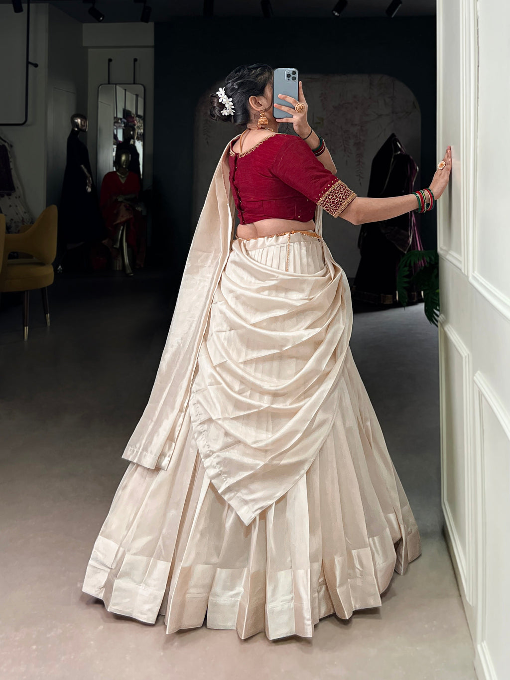 Lorenvalley Fashion White Poly Tasar Viscose Border Lehenga Choli with Dupatta