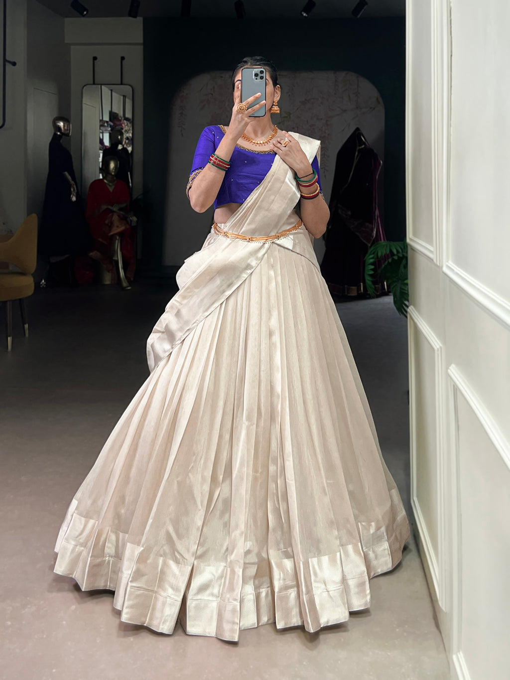 Lorenvalley Fashion White Poly Tasar Viscose Border Lehenga Choli with Dupatta