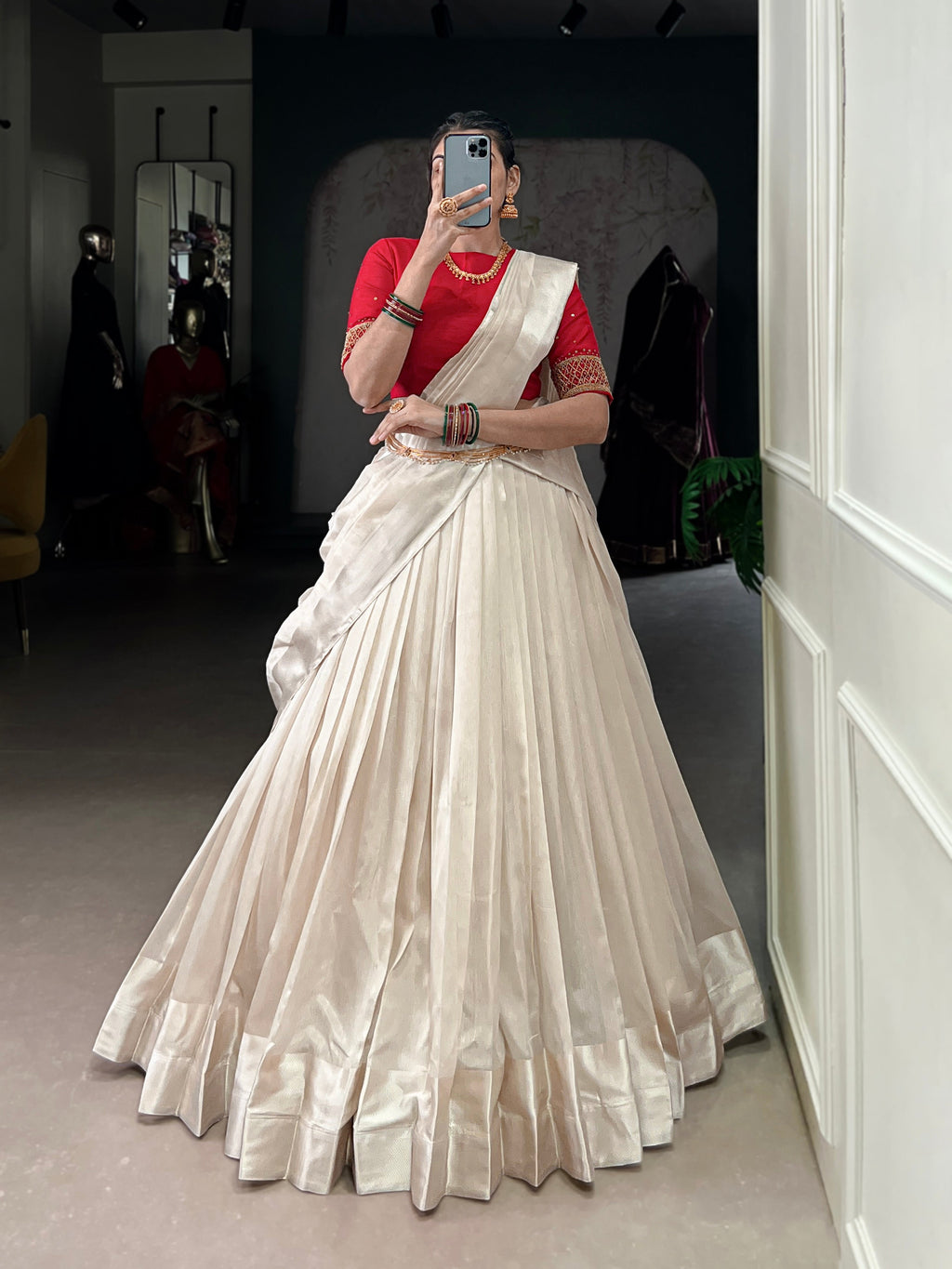 Lorenvalley Fashion White Poly Tasar Viscose Border Lehenga Choli with Dupatta