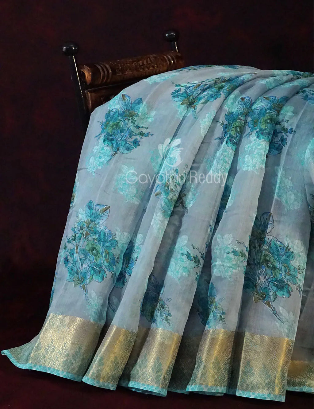Pastel Blue Colour Floral All Over Print Semi Chanderi Saree By Gayathri Reddy Designer Studio