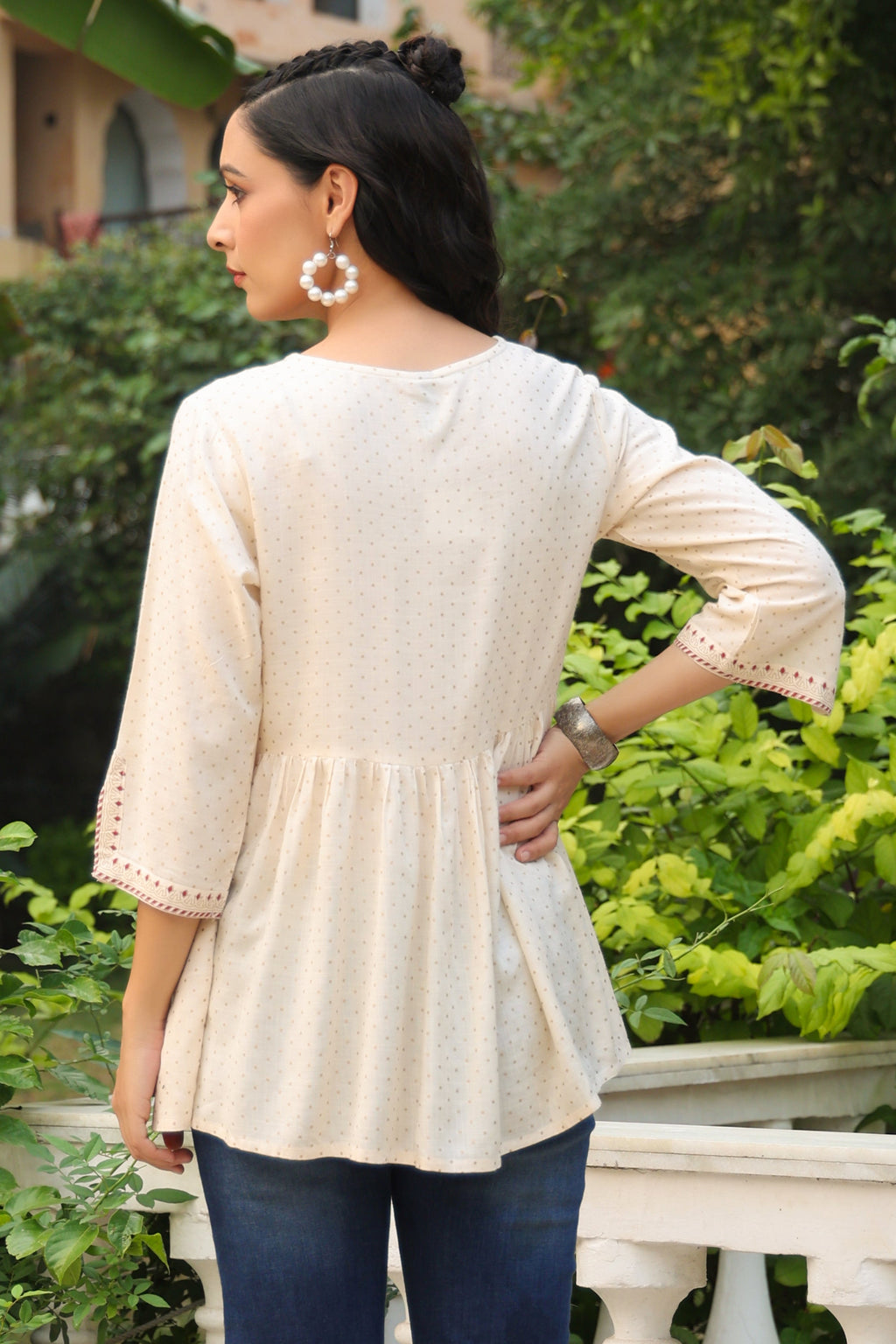 Juniper Women Ivory Rayon Slub Polka Print Peplum Tunic
