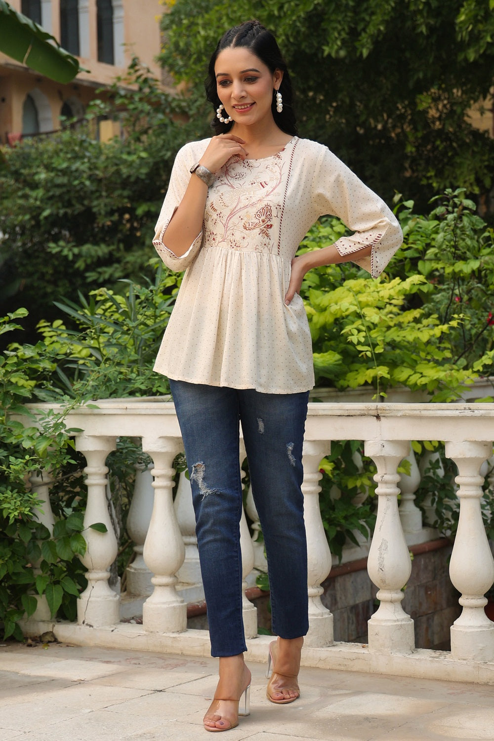 Juniper Women Ivory Rayon Slub Polka Print Peplum Tunic