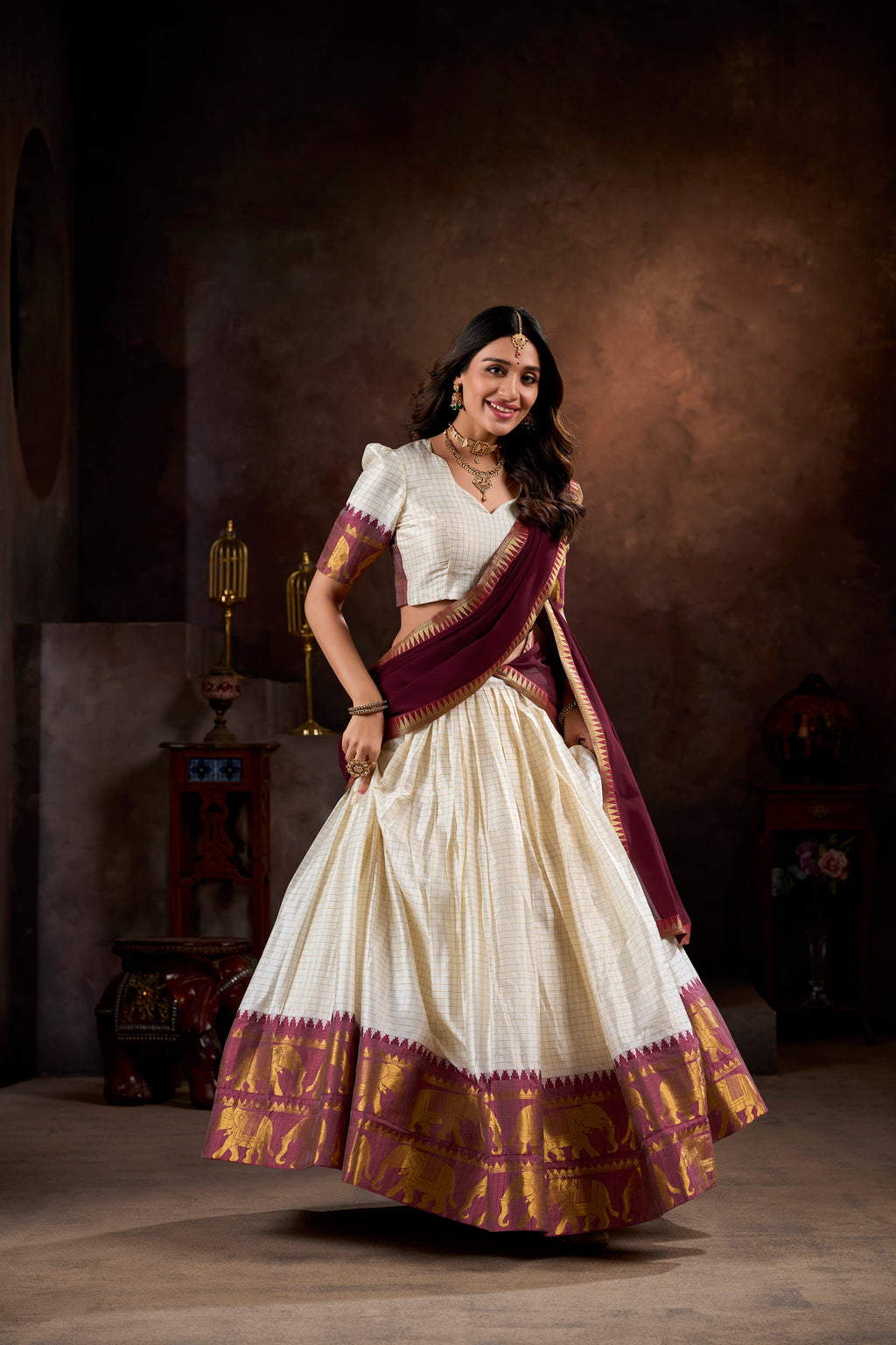 Lorenvalley White Poly Cotton Chex With Zari Weaving Work Lehenga Choli with Dupatta