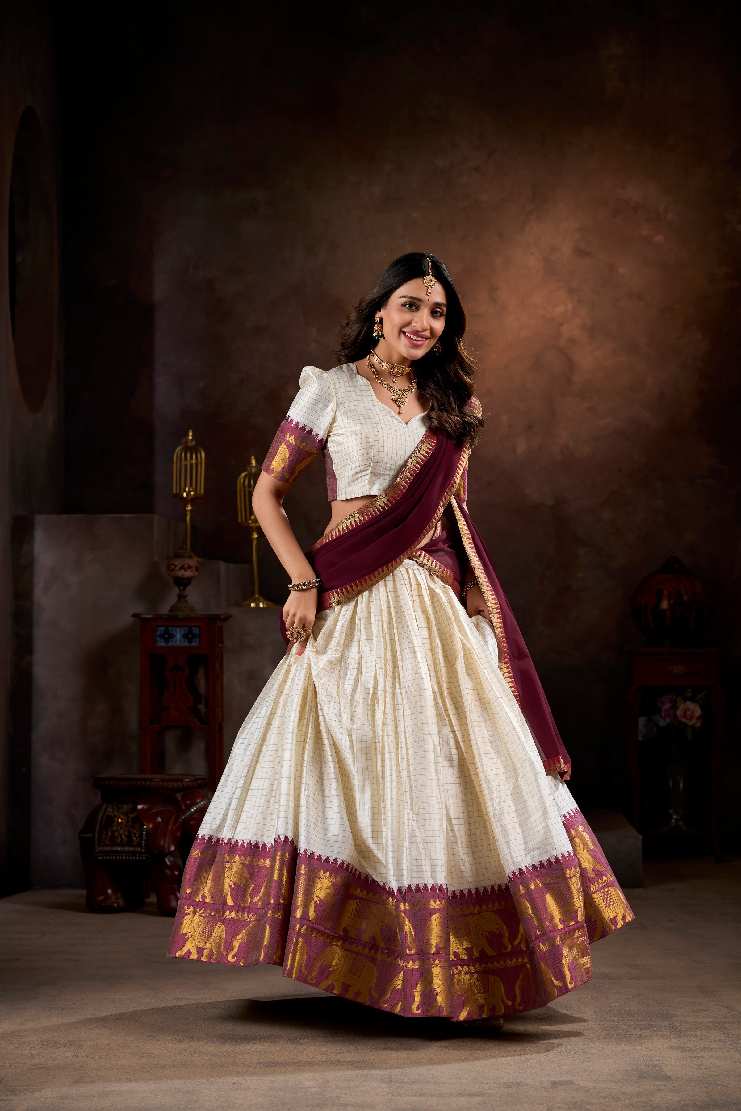 Lorenvalley White Poly Cotton Chex With Zari Weaving Work Lehenga Choli with Dupatta