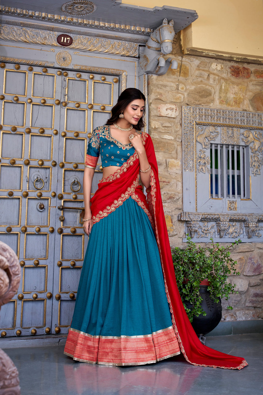 Lorenvalley Teal Vichitra Silk Zari Weaving Work Lace Border Belt with Sequins Lace Touch Up Lehenga Choli with Dupatta