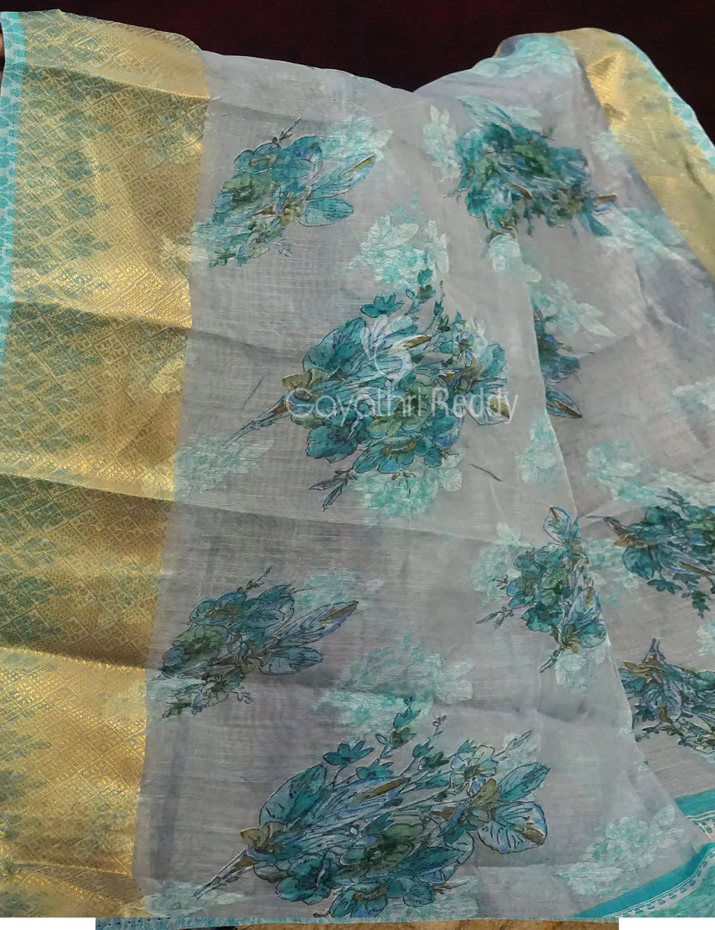Pastel Blue Colour Floral All Over Print Semi Chanderi Saree By Gayathri Reddy Designer Studio