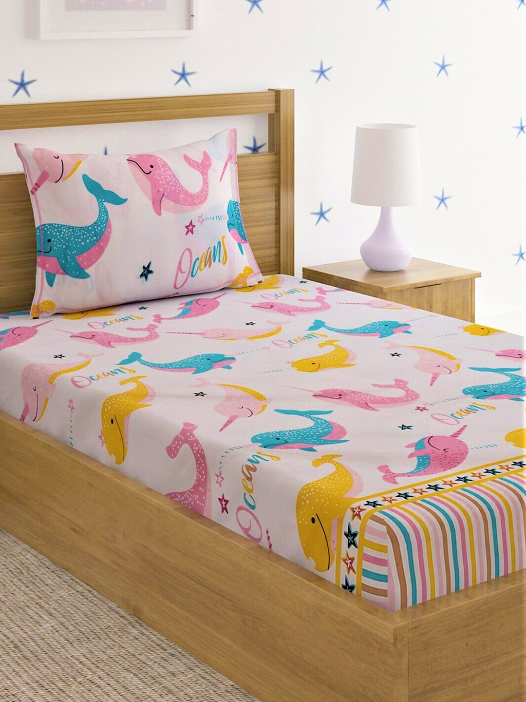 Home Sizzler Pink & White Cartoon Characters 210 TC Single Bedsheet with 1 Pillow Covers