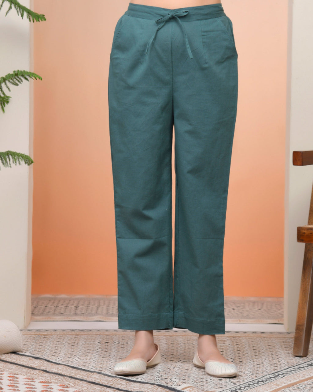 Vaasva Women Ferozi Cotton Flax Solid Straight Pants