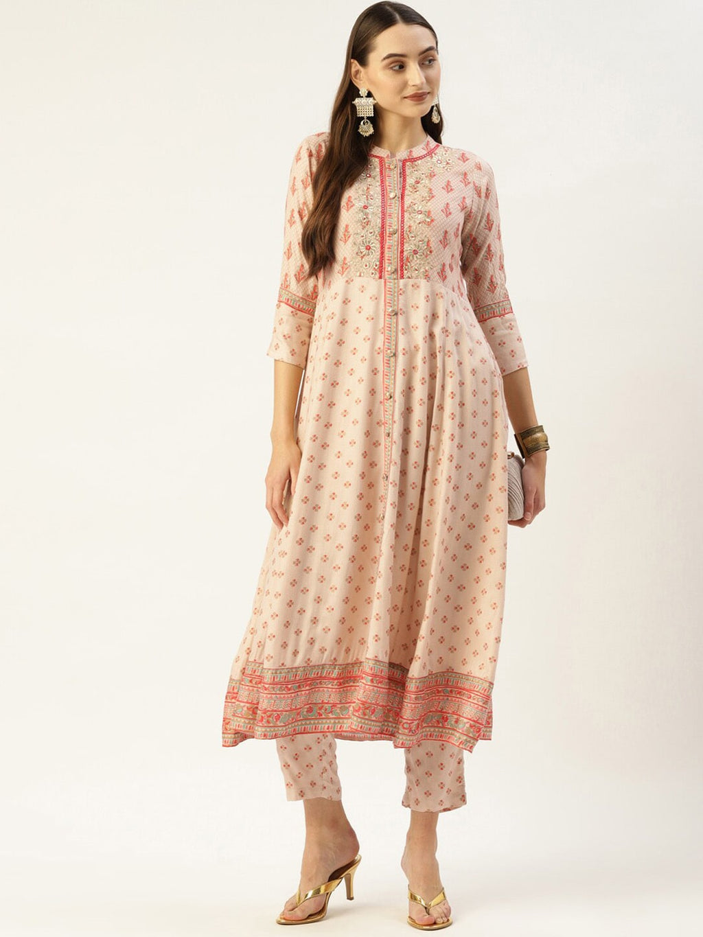 HERE&NOW Women Cream-Coloured Floral Embroidered Kurta with Trousers