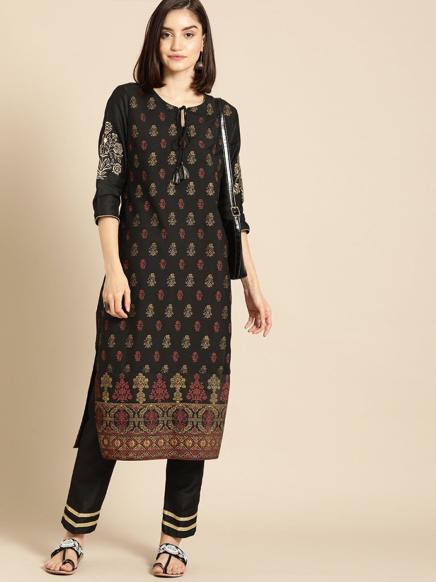 All About You Women Black & Yellow Floral Printed Regular Kurta with Trousers