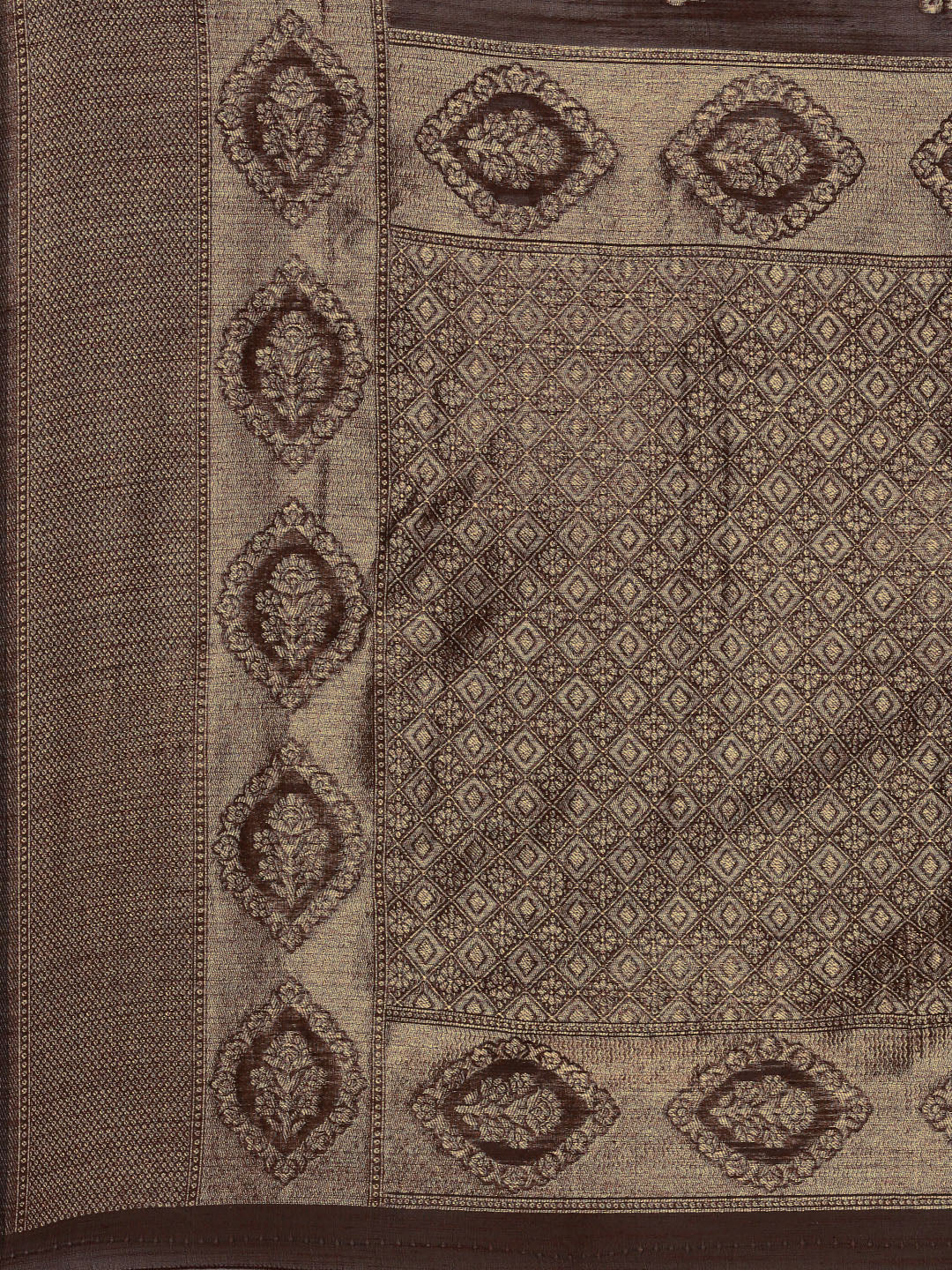 Saree Mall Brown Ethnic Motifs Linen Blend Banarasi Saree