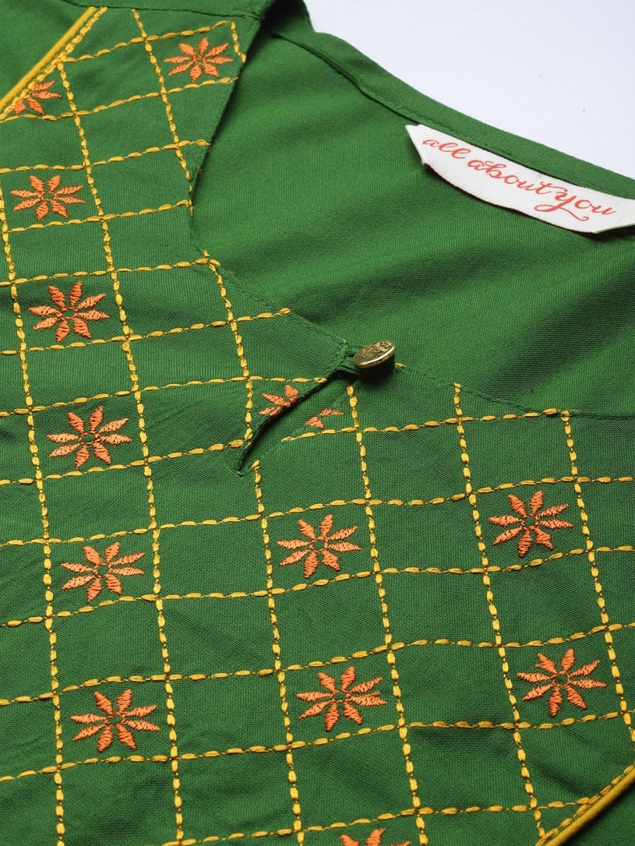 All About You Women Green Ethnic Motifs Yoke Design Keyhole Neck Straight Kurta