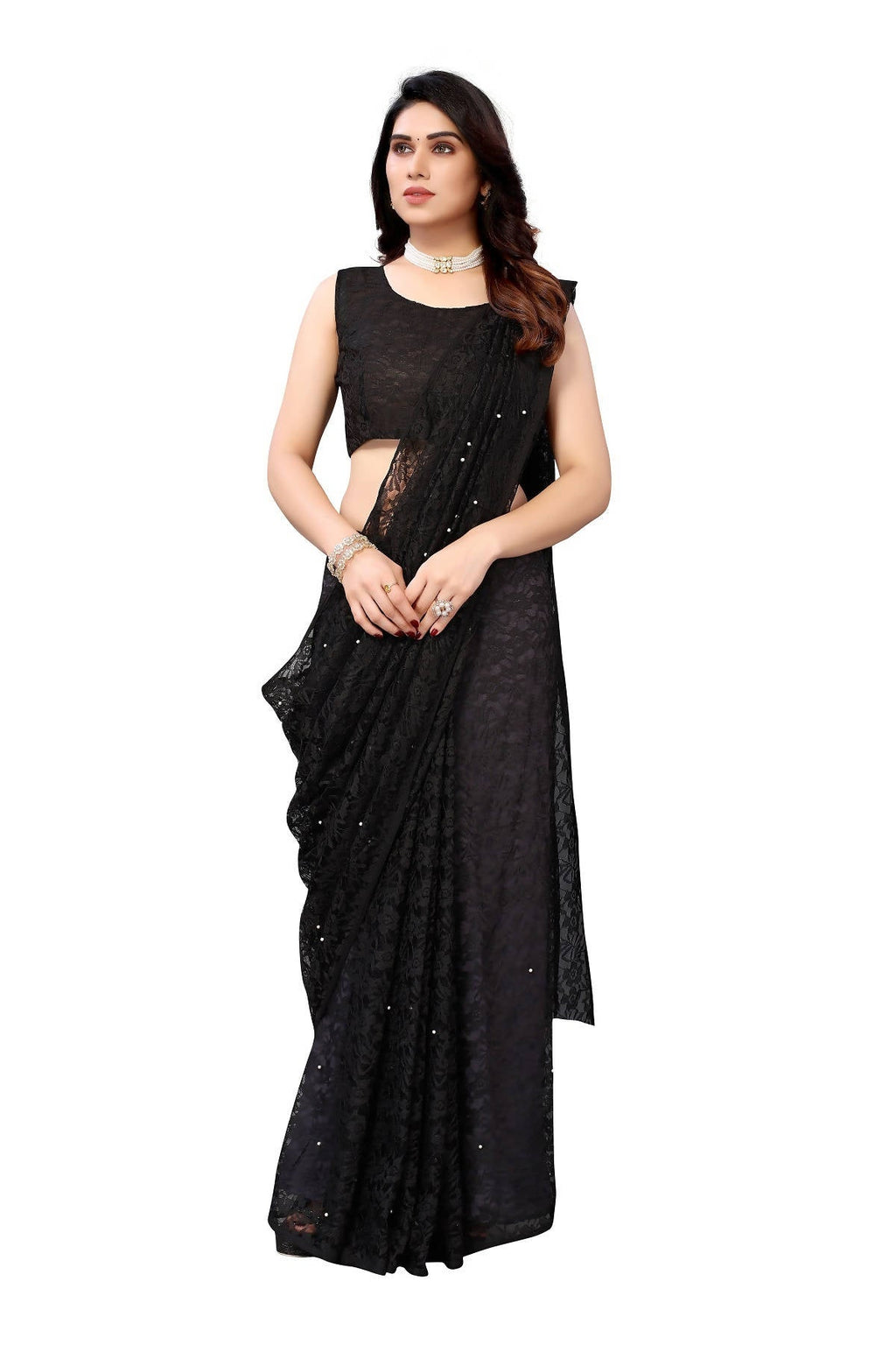 Vamika Ethnic Fire Black Pearls Net Saree