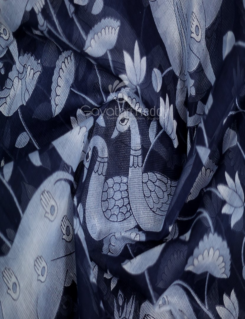 Shades of Dark Navy Blue And Grey With Pichwai Print Munga Cotton Saree By Gayathri Reddy Designer Studio