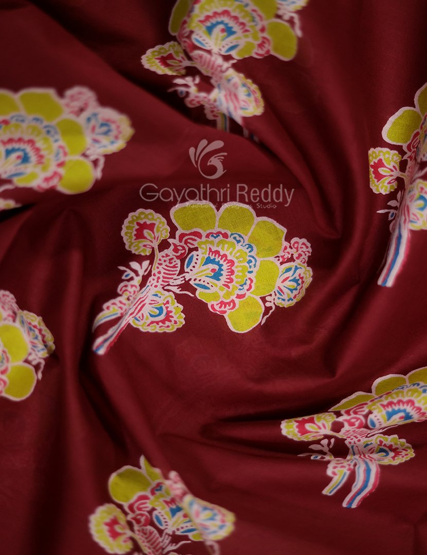 Block Print Maroon Coloured Mulmul Cotton Saree By Gayathri Reddy Designer Studio