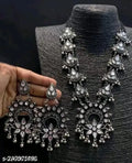 Tehzeeb Creations Women's Silver Colour Oxidised Necklace And Earrings With White Kundan