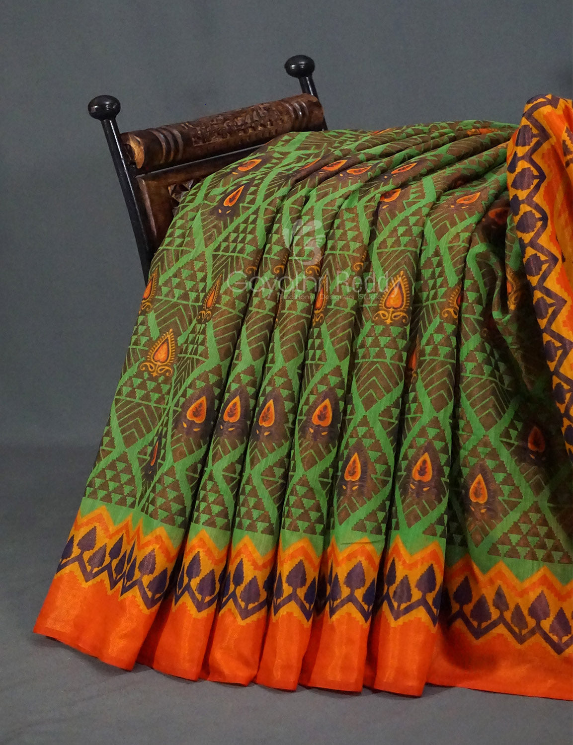 Parrot Green Printed Cotton Brasso Saree By Gayathri Reddy Designer Studio