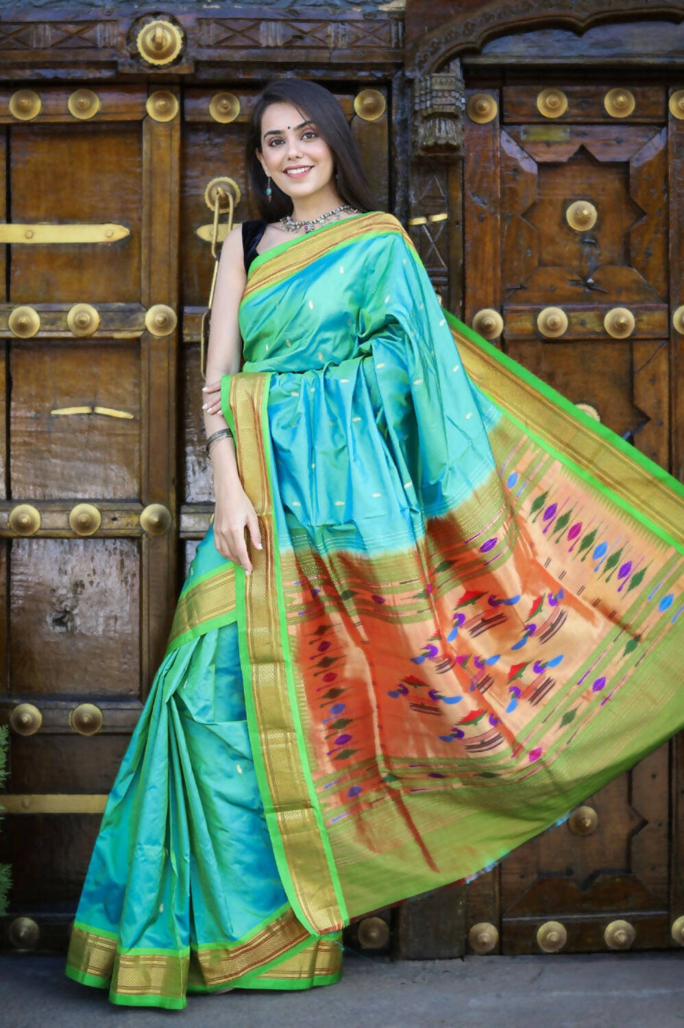 Very Much Indian Pure Silk Handloom Paithani -Dual Tone Blue Green
