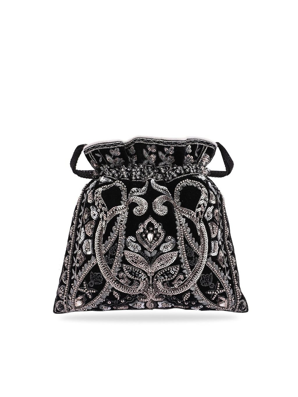 Masq Black & Silver-Toned Embellished Potli Clutch