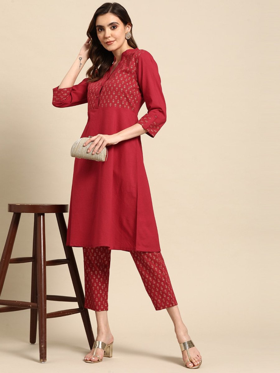 All About You Women Motifs Yoke Design A-Line Kurta with Trousers