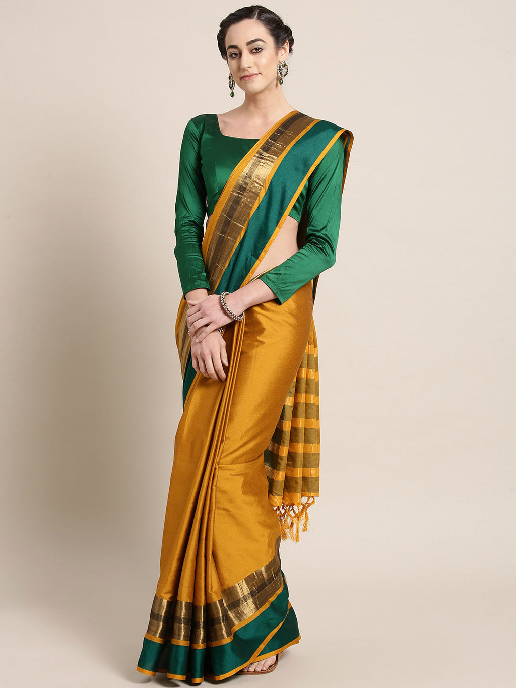 Saree Mall Mustard Yellow & Green Solid Saree