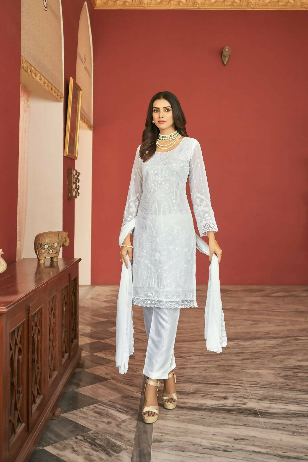 White Heavy Faux Georgette Embroidered Semi Stitched Suit - Dhvani