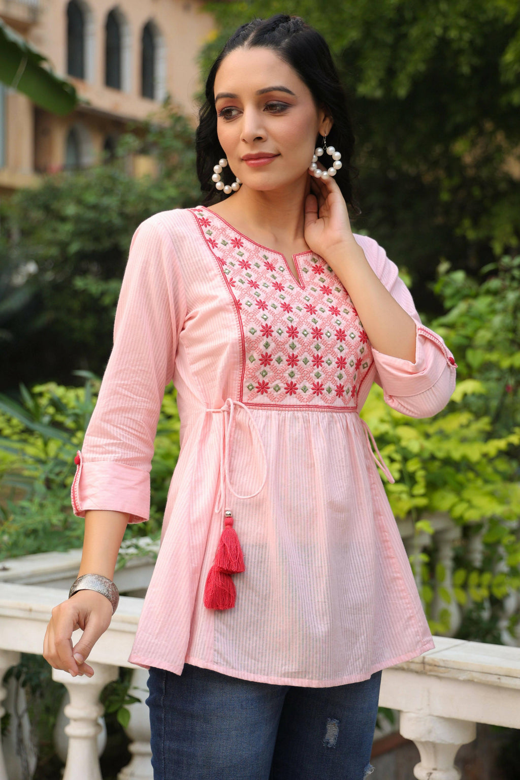 Juniper Women's Peach Cotton Dobby Solid Embroidered Straight Tunic