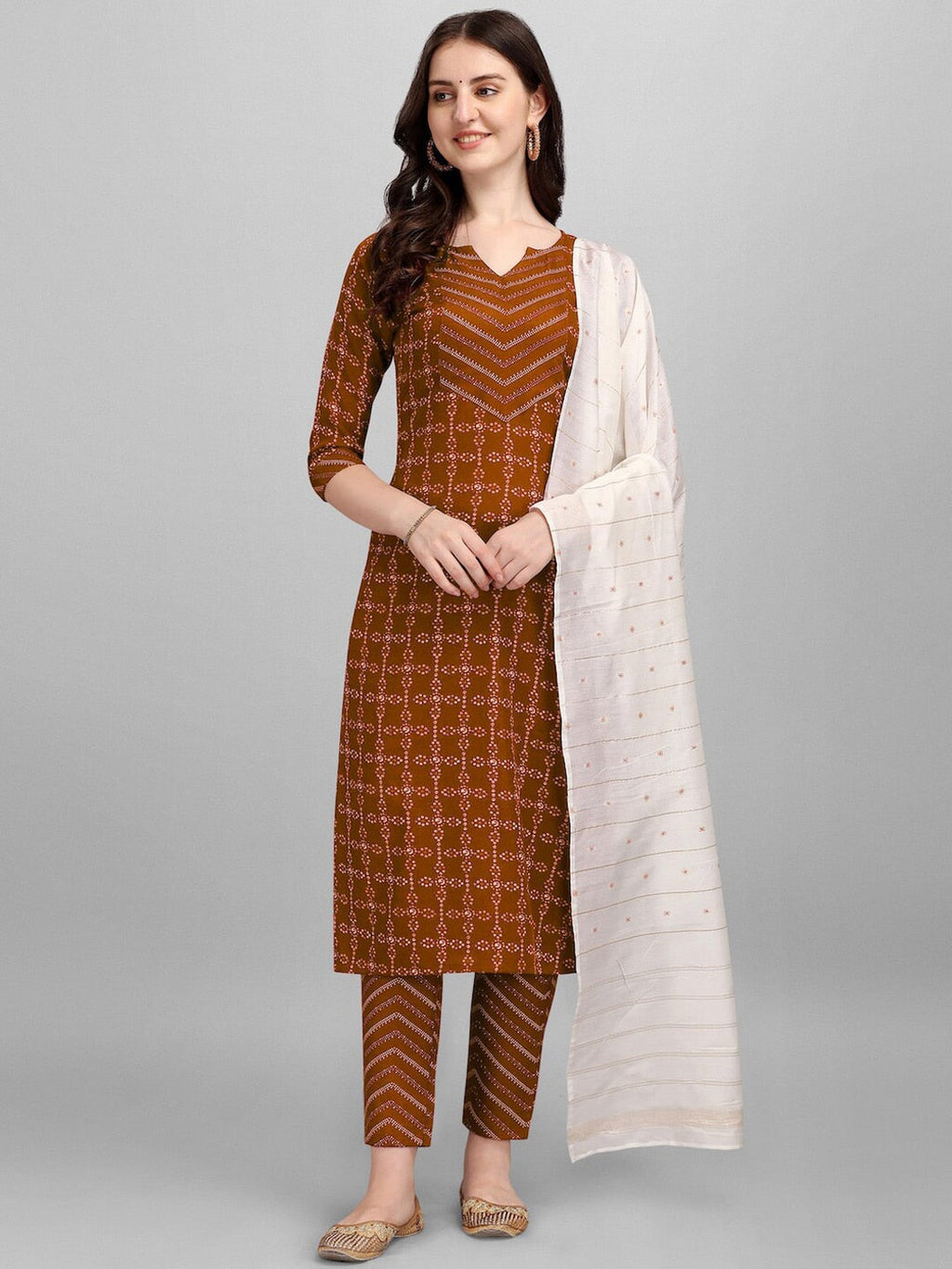 HERE&NOW Brown & White Regular Pure Cotton Kurta With Trousers & Dupatta