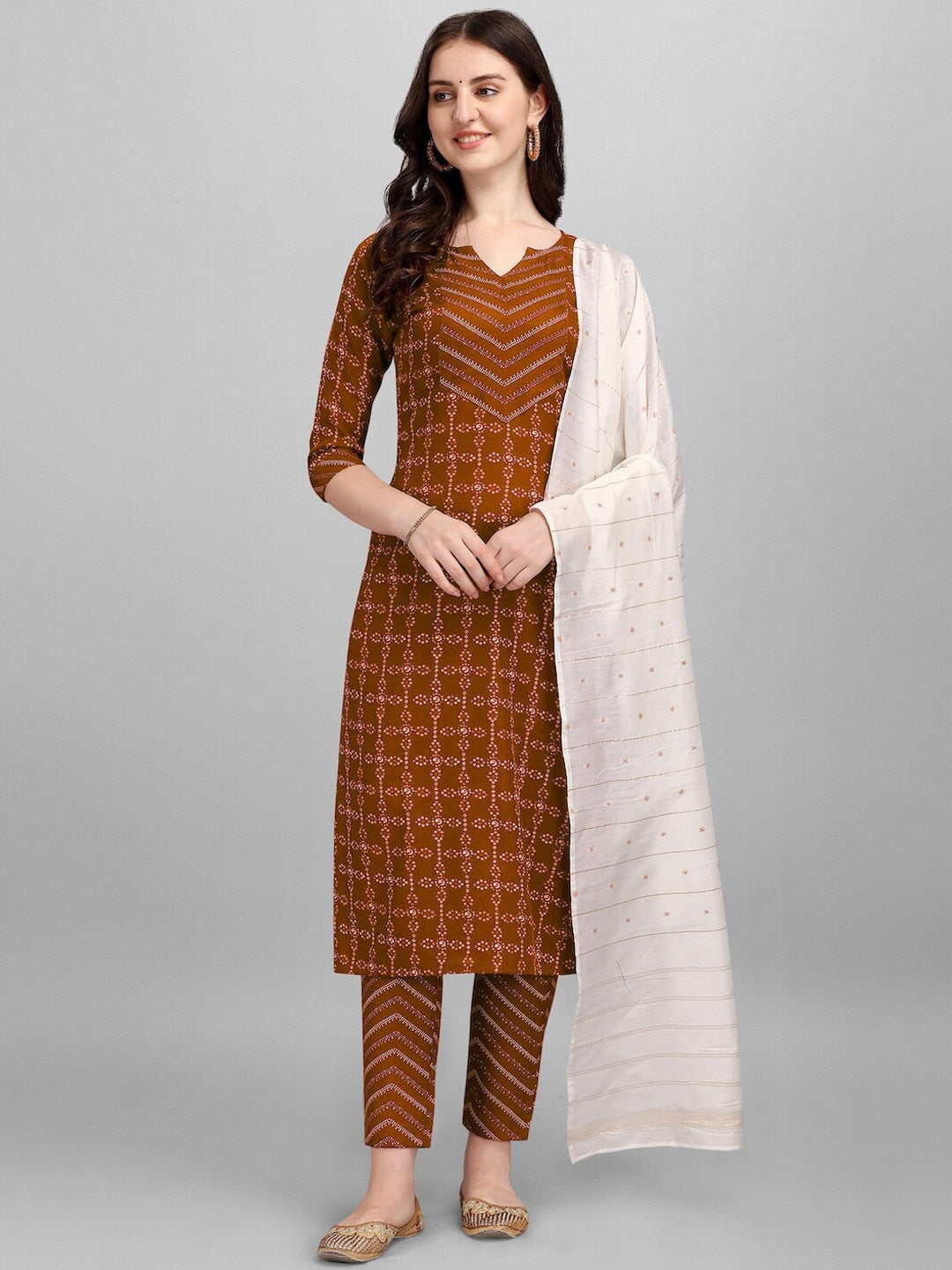 HERE&NOW Brown & White Regular Pure Cotton Kurta With Trousers & Dupatta