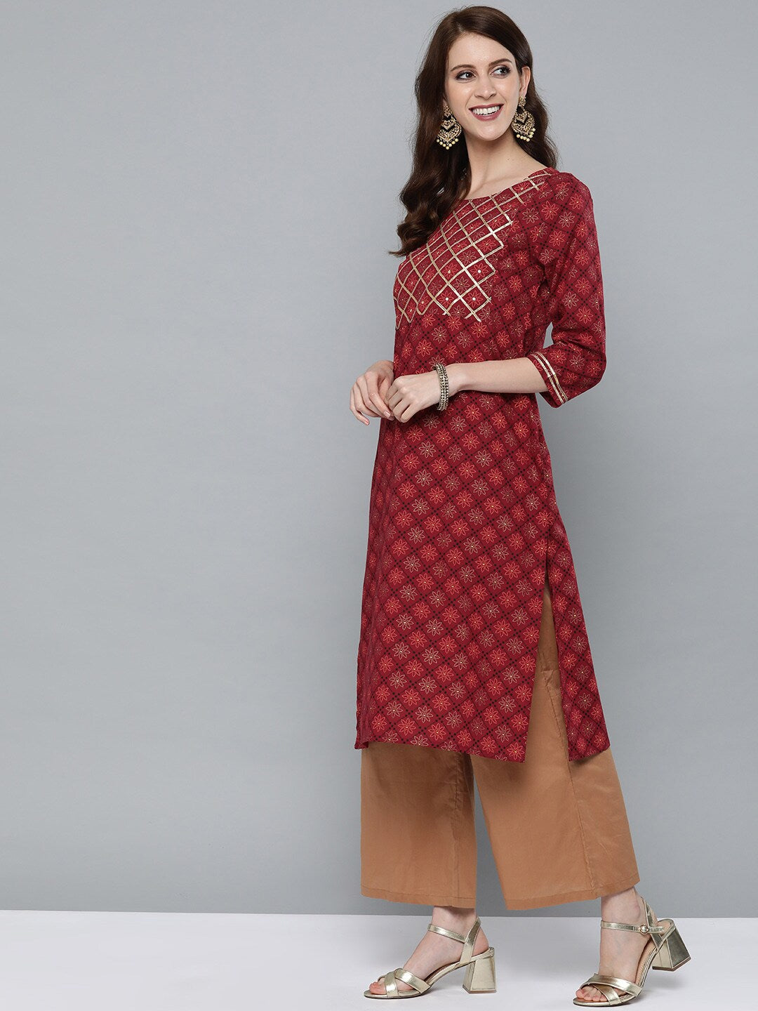 HERE&NOW Women Maroon & Golden Floral Printed Straight Kurta
