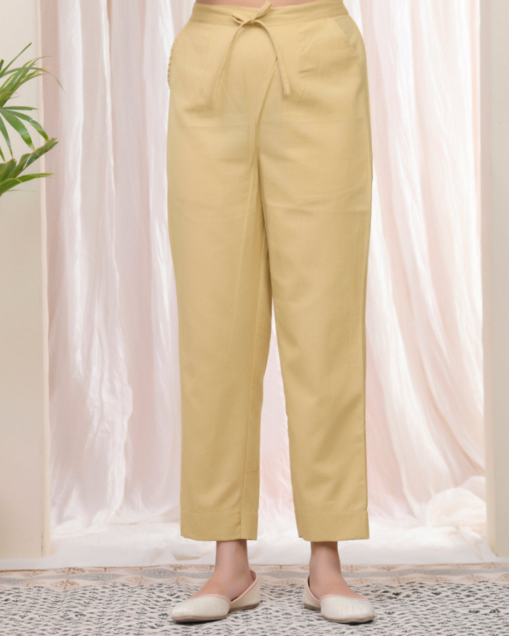 Vaasva Women Cheeku Cotton Flax Solid Straight Pants