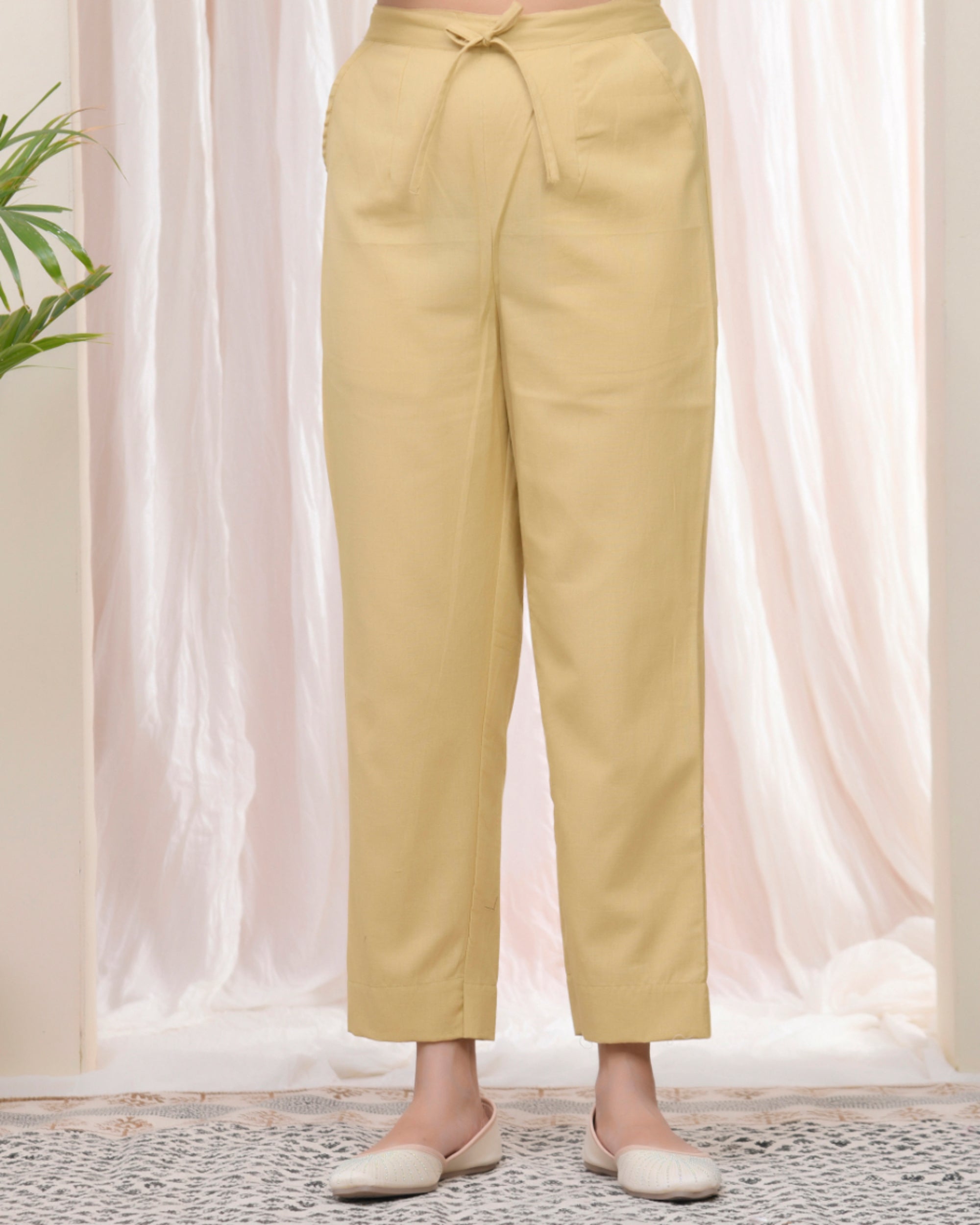 Vaasva Women Cheeku Cotton Flax Solid Straight Pants
