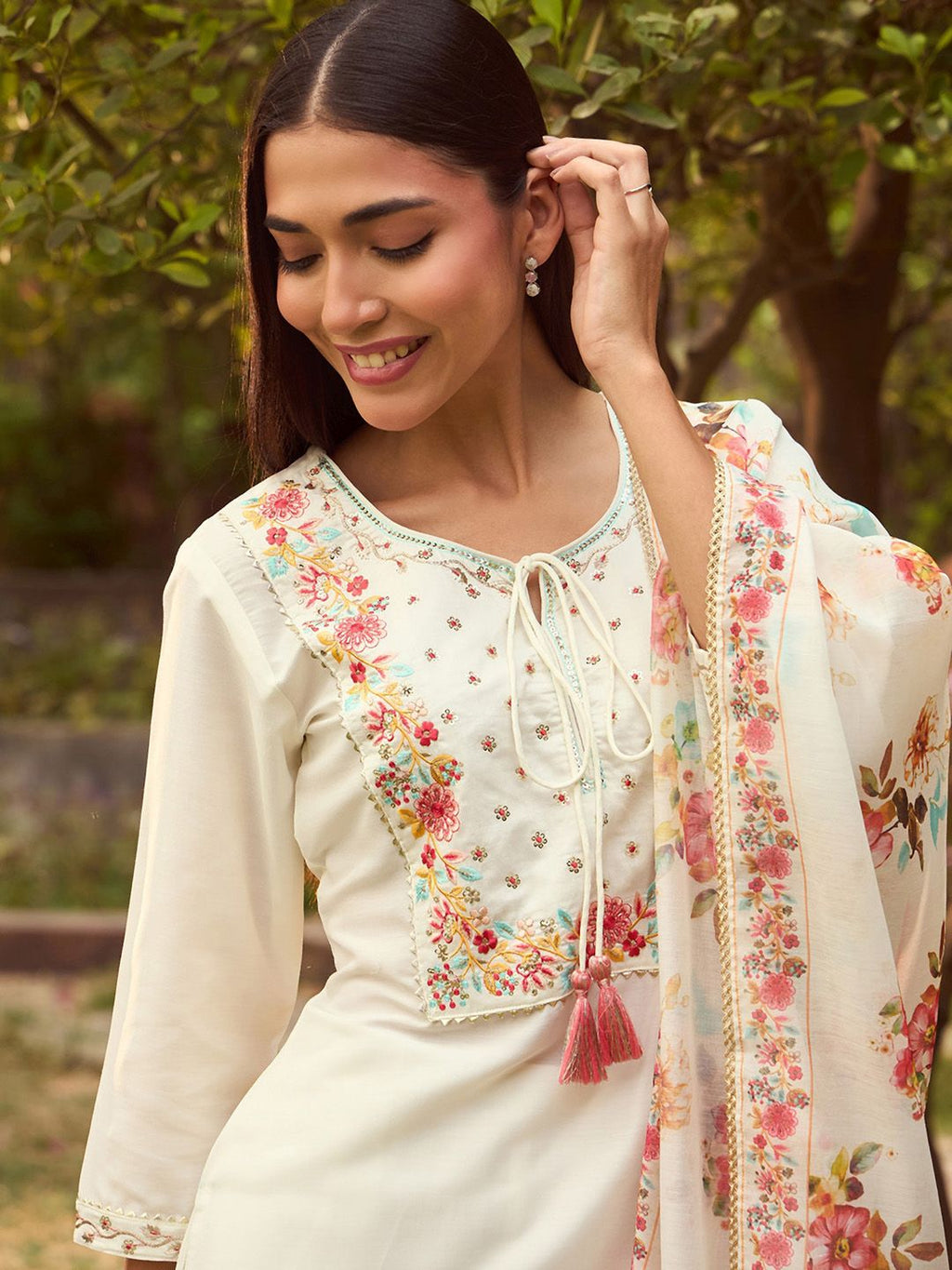 Indo Era White Floral Yoke Design Tie-Up Neck Straight Kurta With Trousers & Dupatta