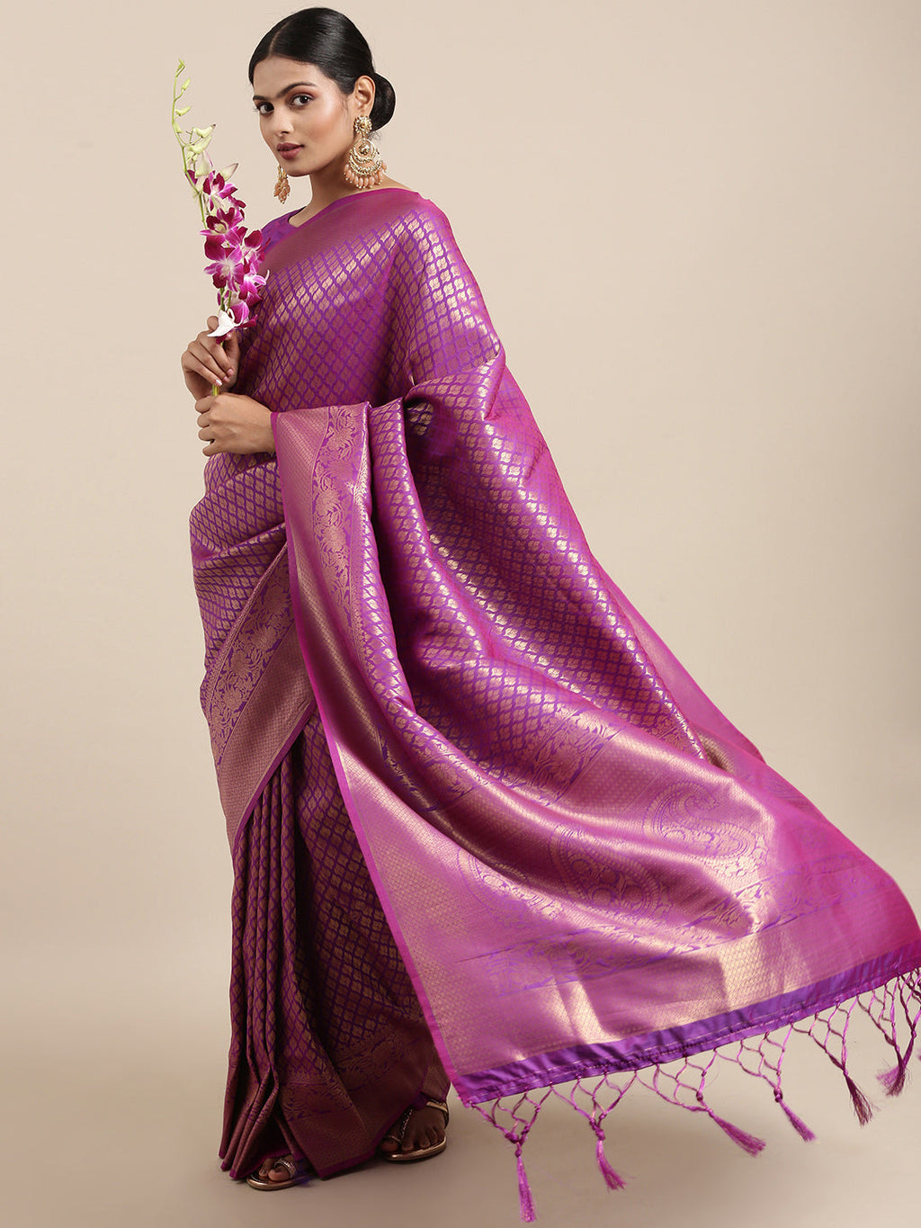 Saree Mall Purple Ethnic Motifs Zari Silk Blend Banarasi Saree