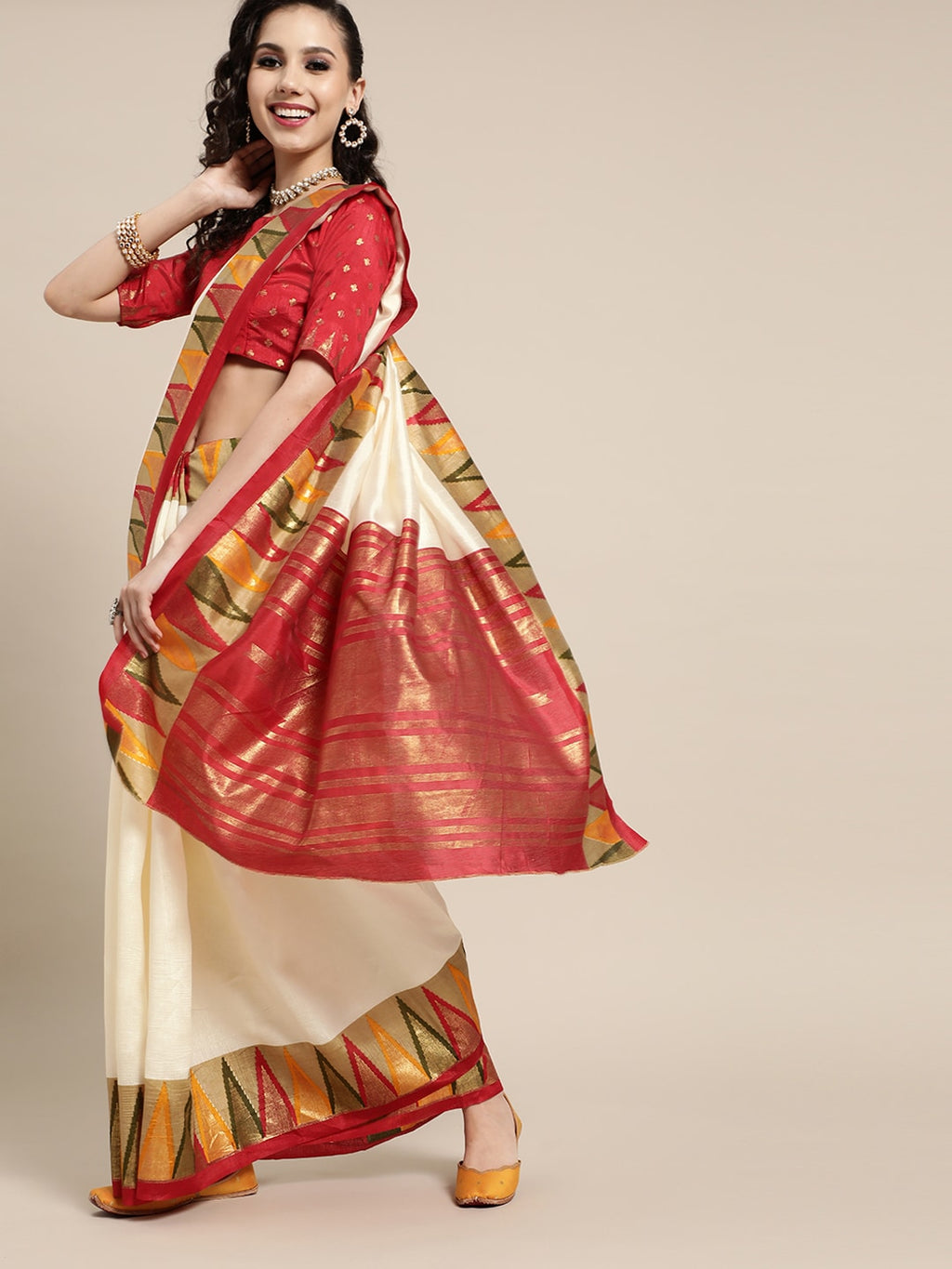 Saree Mall Off White Solid Chanderi Sarees