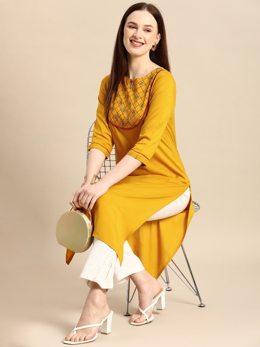 All About You Women Mustard Yellow Ethnic Motifs Yoke Design Keyhole Neck Straight Kurta