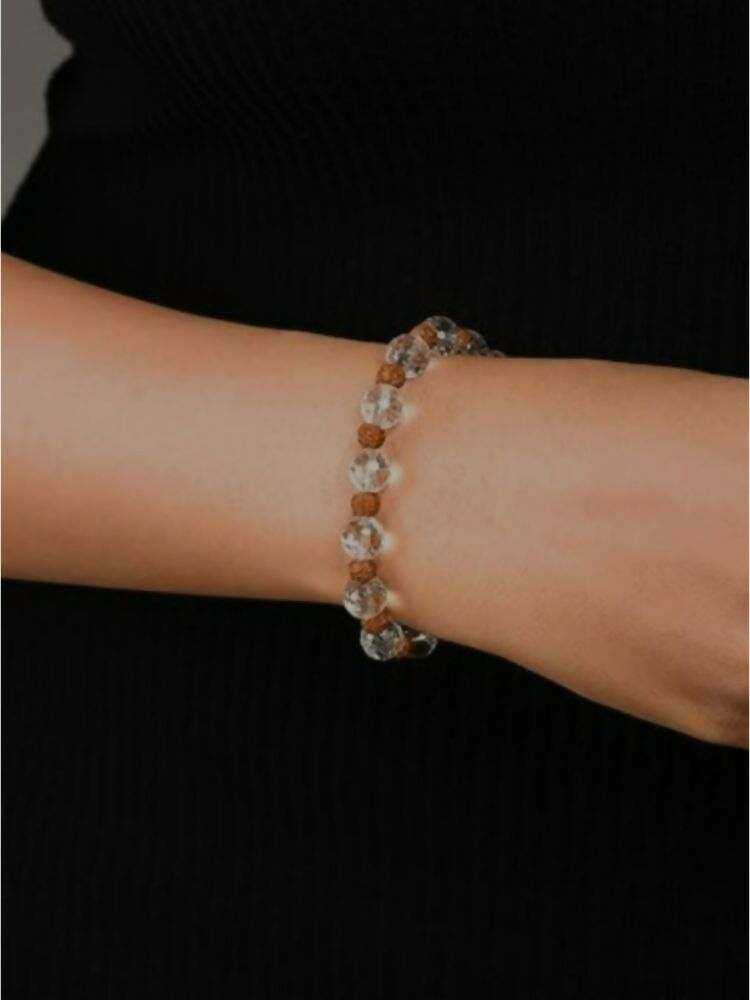 NVR Natural Rudraksha & Quartz Beaded Stretchable Bracelet