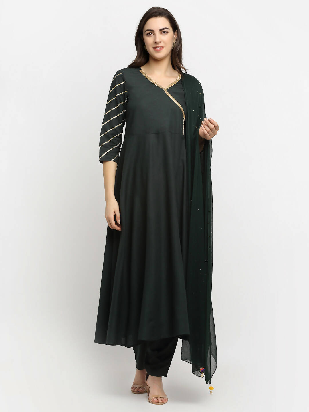 Rudra Bazaar Green Angrakha Style Flared Anarkali Kurta with Pyjamas & Dupatta