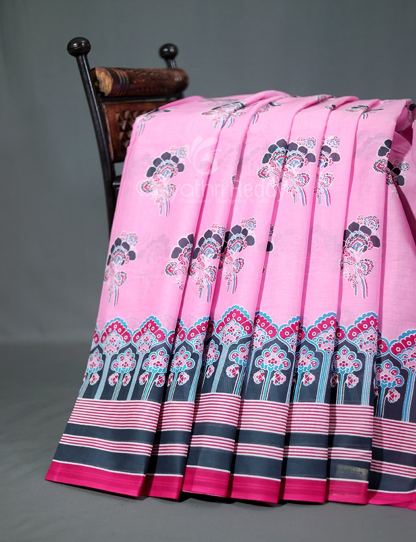 Block Print Baby Pink Combo Mulmul Cotton Saree By Gayathri Reddy Designer Studio