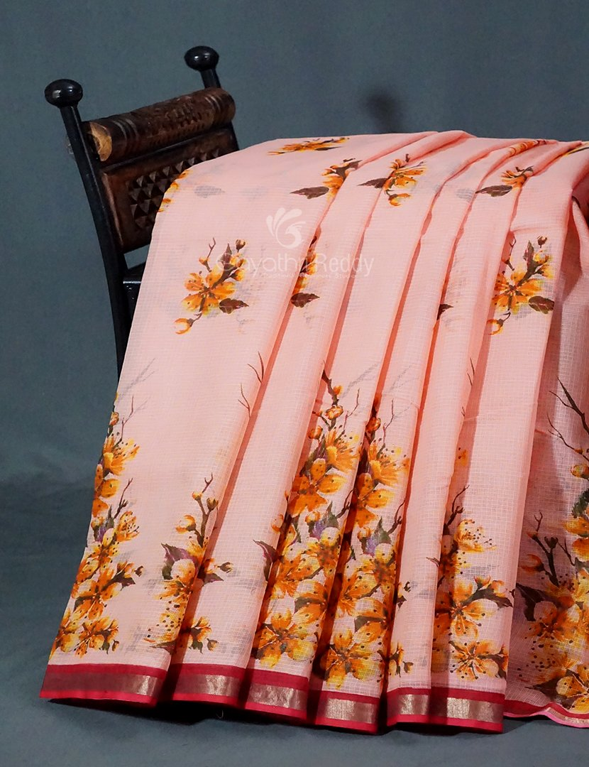 Peach Colour Block Print Pure Kota Cotton Saree By Gayathri Reddy Designer Studio
