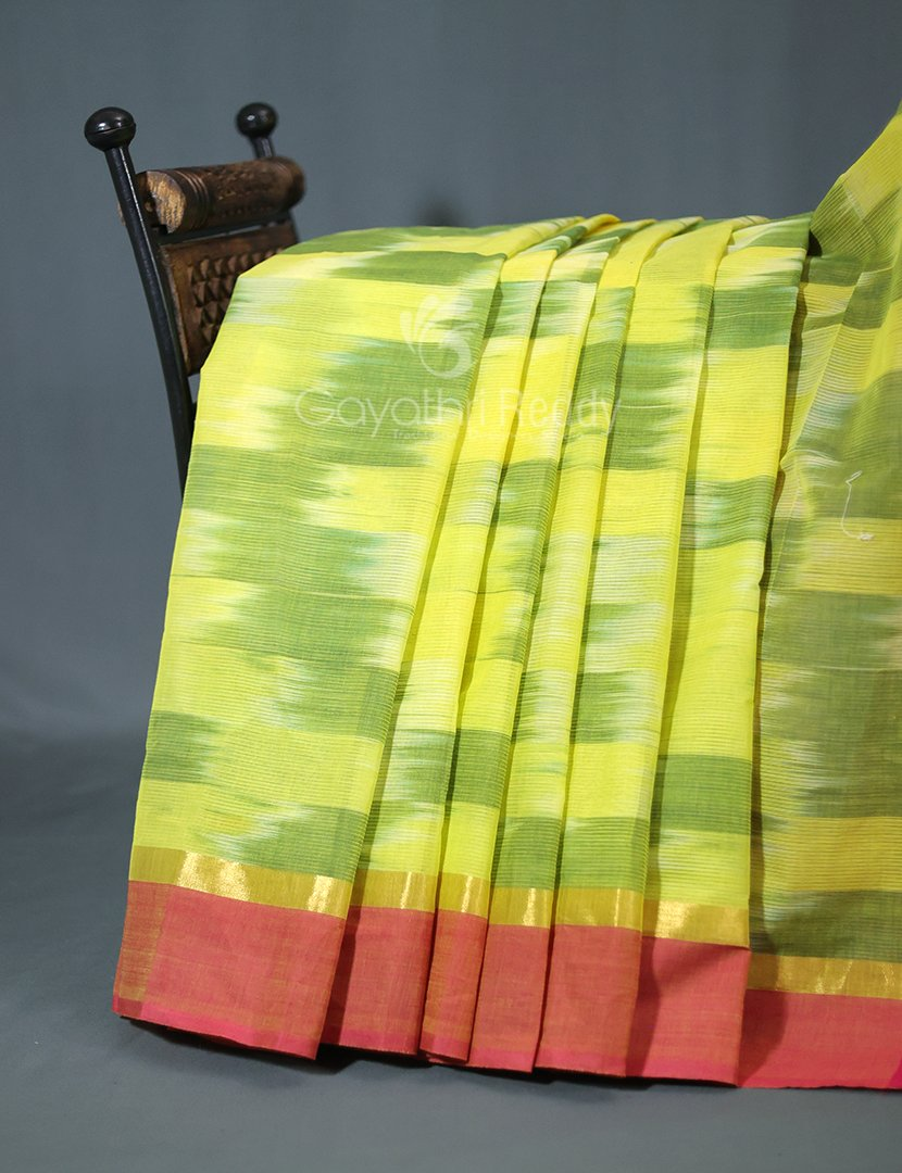 Dual Shades of Lime Green Mangalagiri Ikkat Cotton Saree By Gayathri Reddy Designer Studio