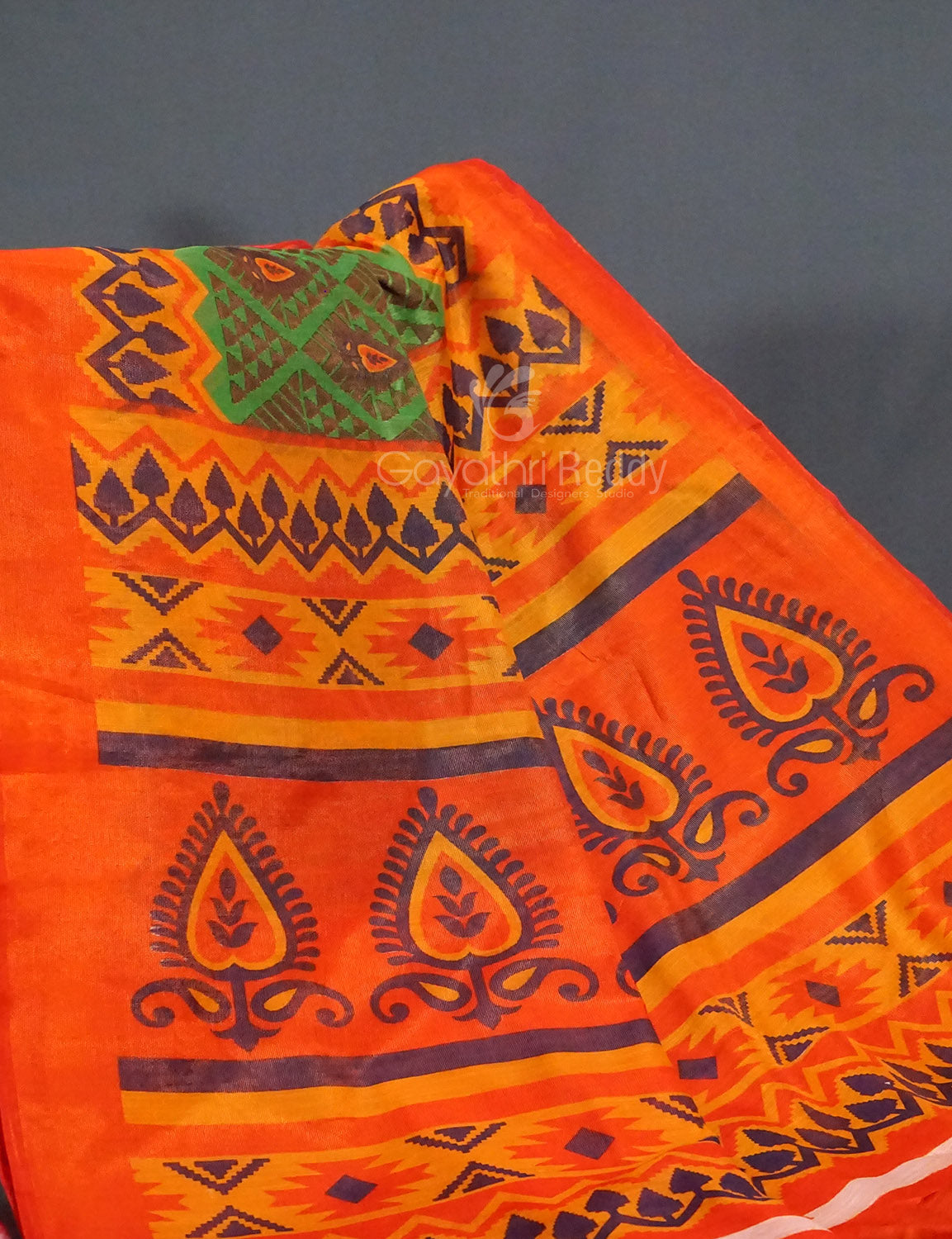 Parrot Green Printed Cotton Brasso Saree By Gayathri Reddy Designer Studio