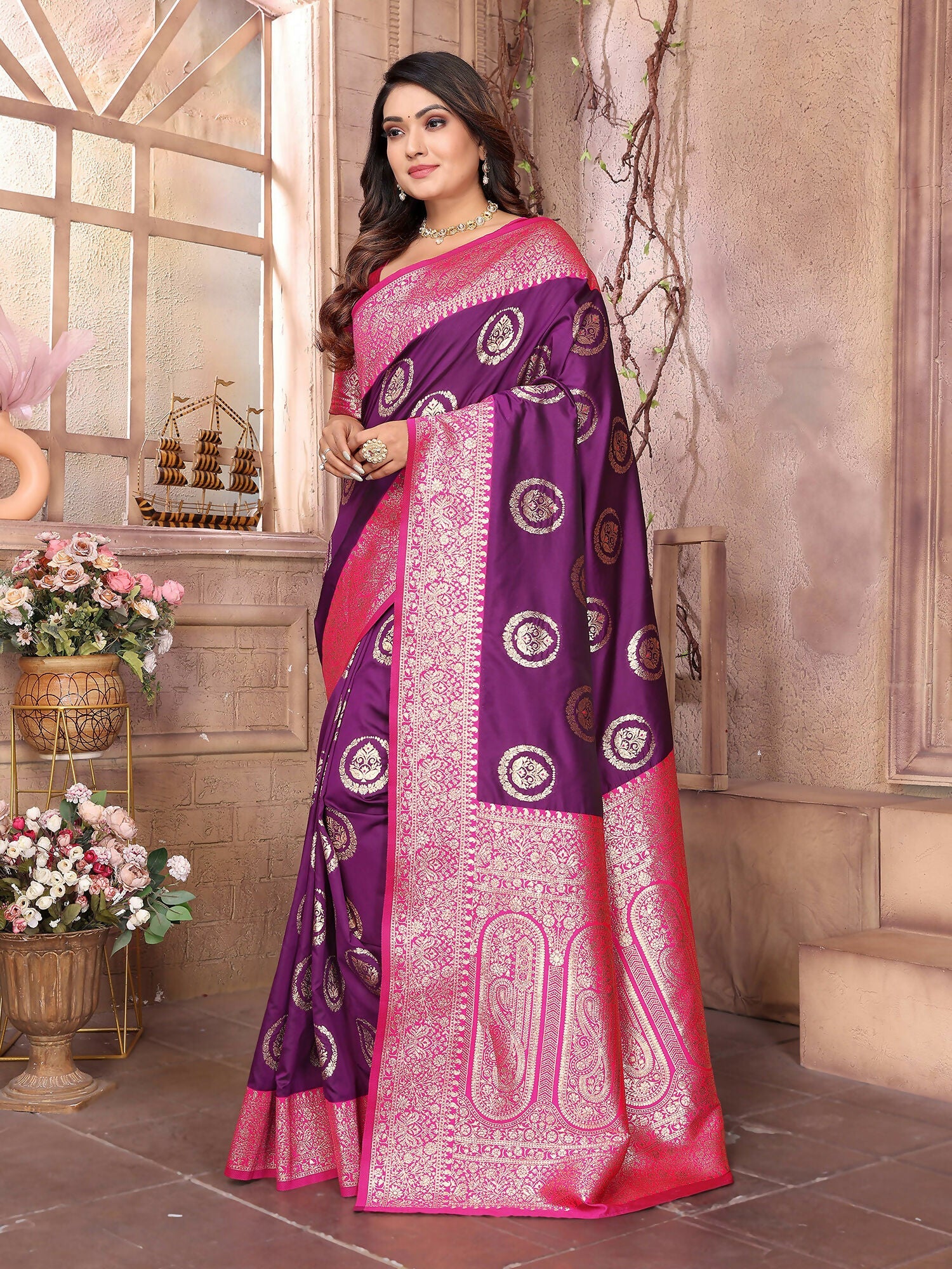Joban Fashion Purple Banarasi Soft Silk Woven Saree