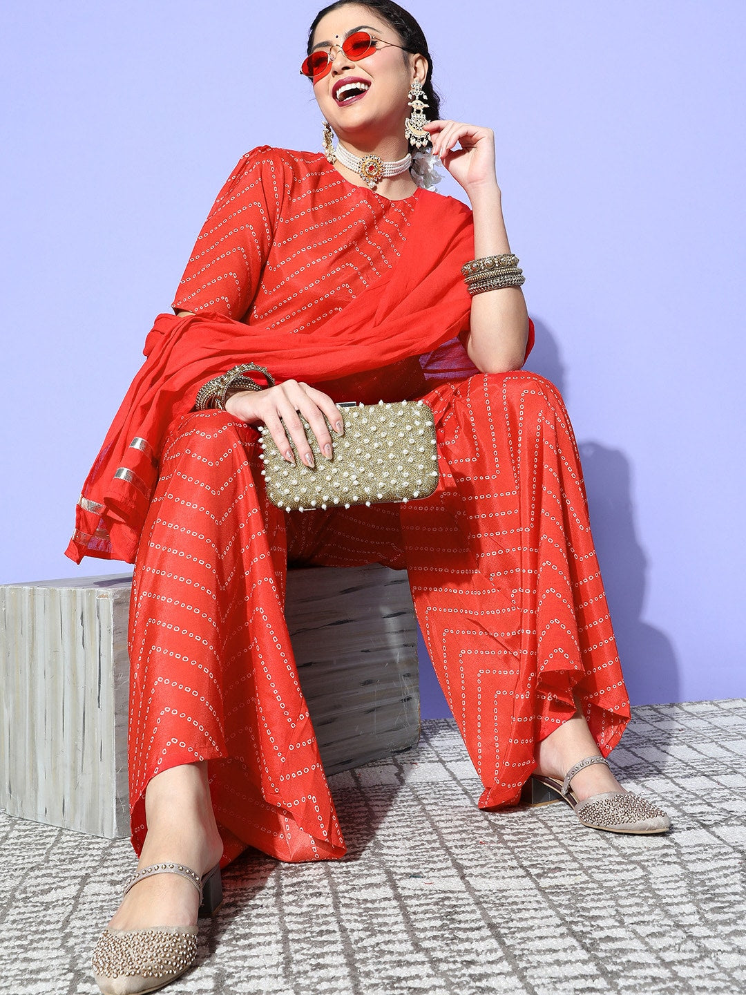 HERE&NOW Women Bandhani Polyester Fusion Bottom Kurta Set